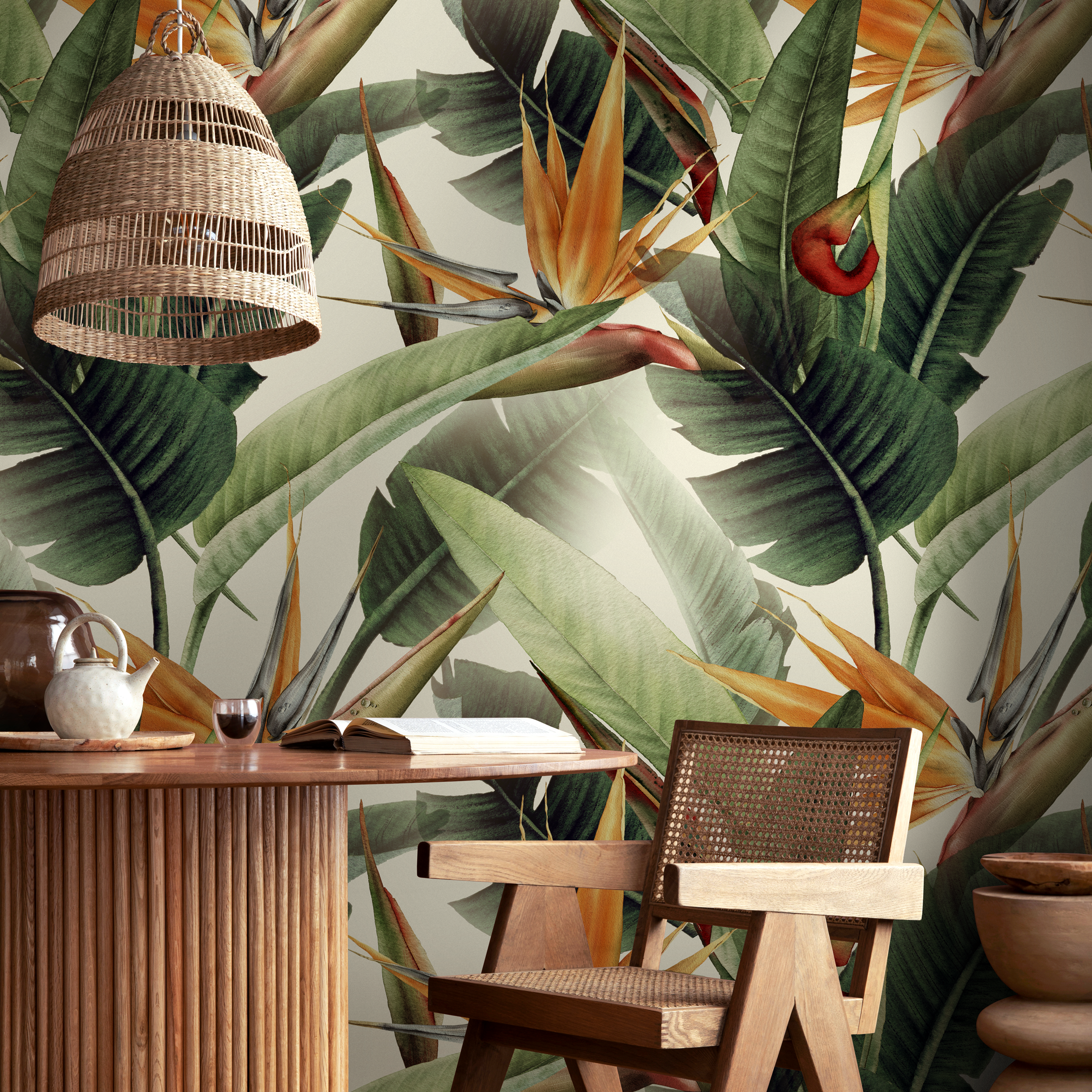 Botanical Wallpaper Featuring Bird Of Paradise Flowers In Green, Orange, And Red - B220