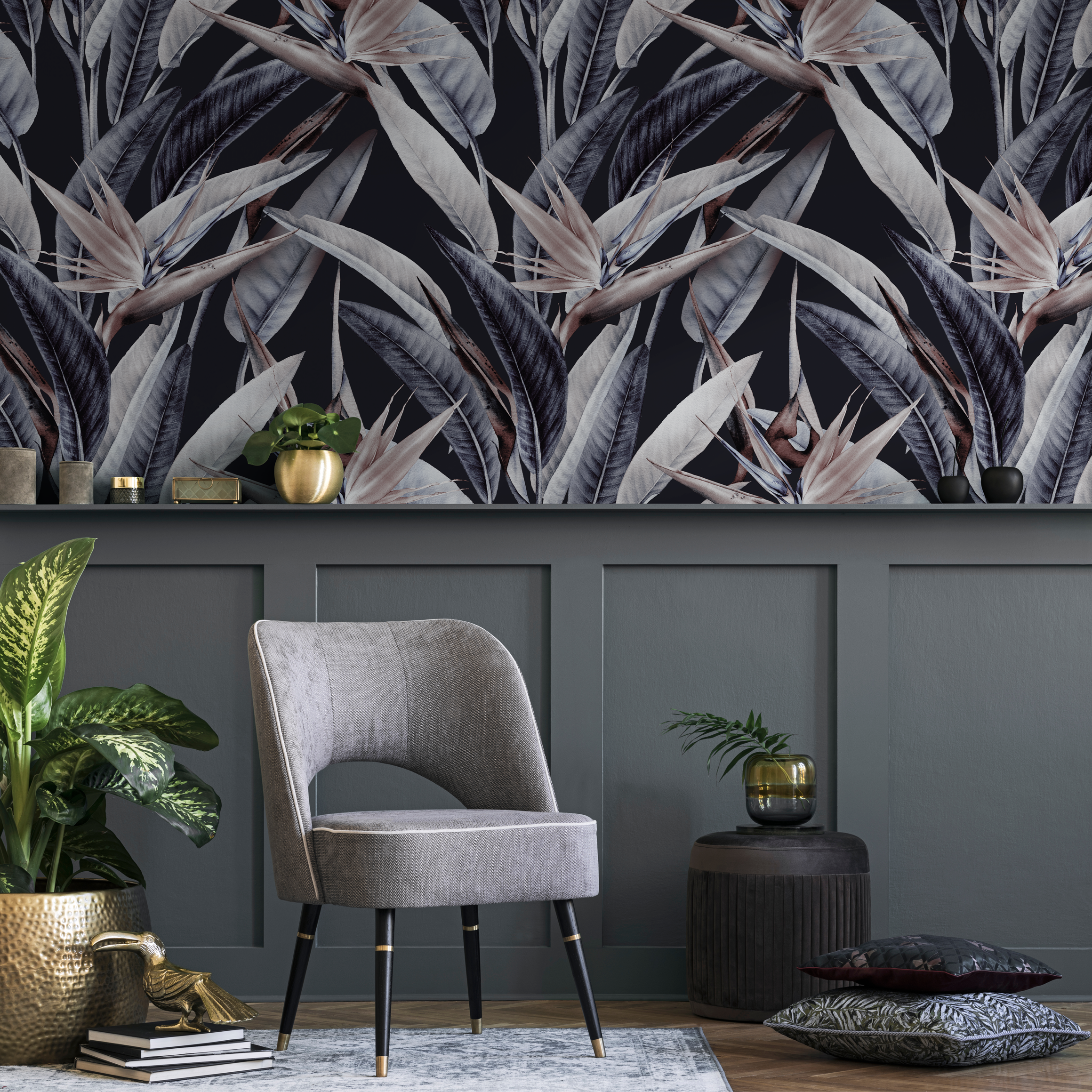 Botanical Wallpaper With Bird Of Paradise Flowers In Gray, Beige, And Black - B221