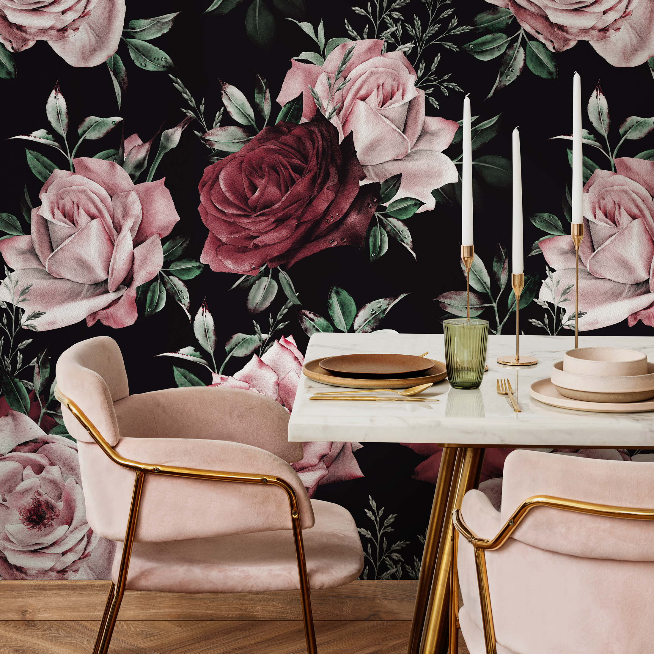 Floral Wallpaper Featuring Lush Romantic Roses In Pink, Red, And Black - B222