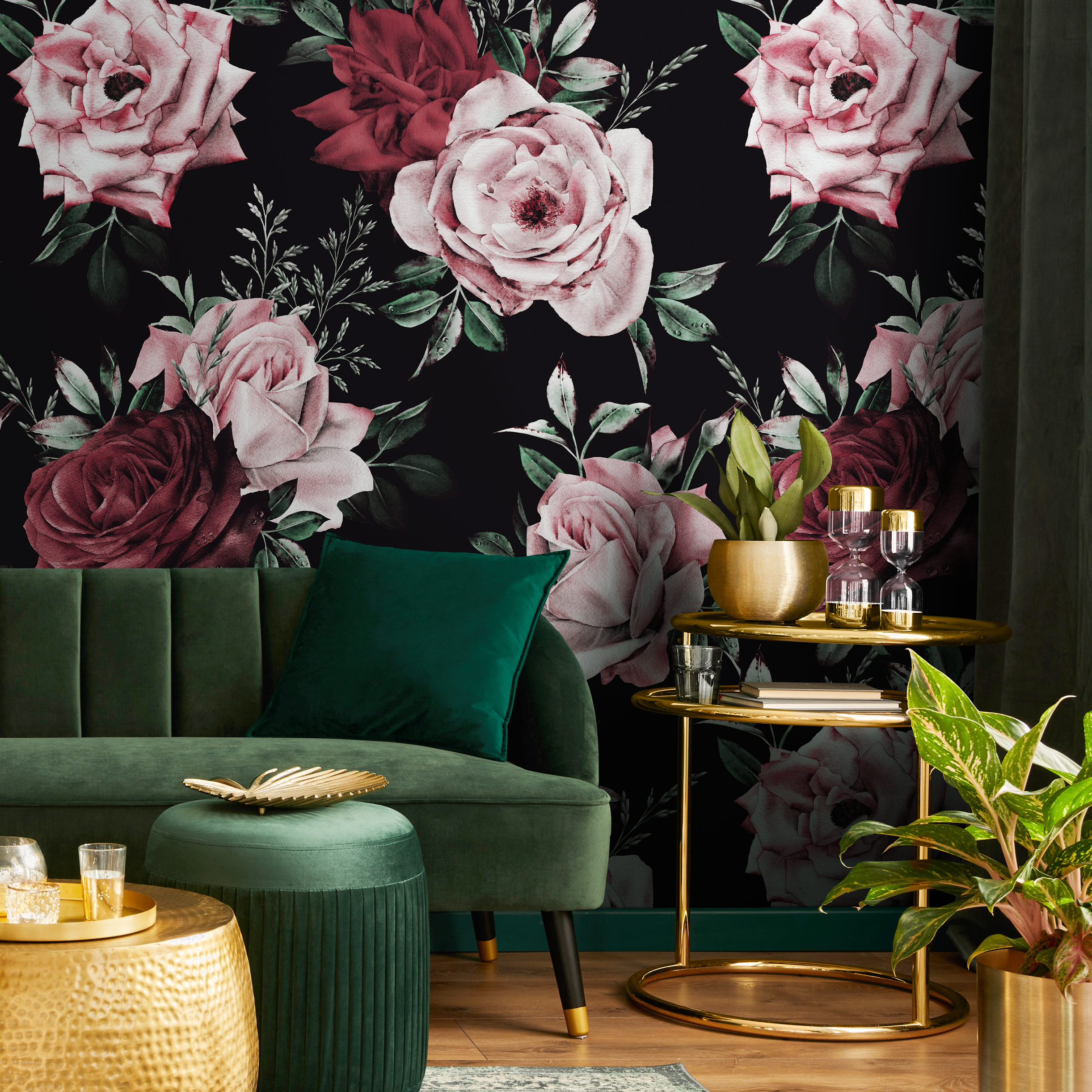 Floral Wallpaper Featuring Lush Romantic Roses In Pink, Red, And Black - B222