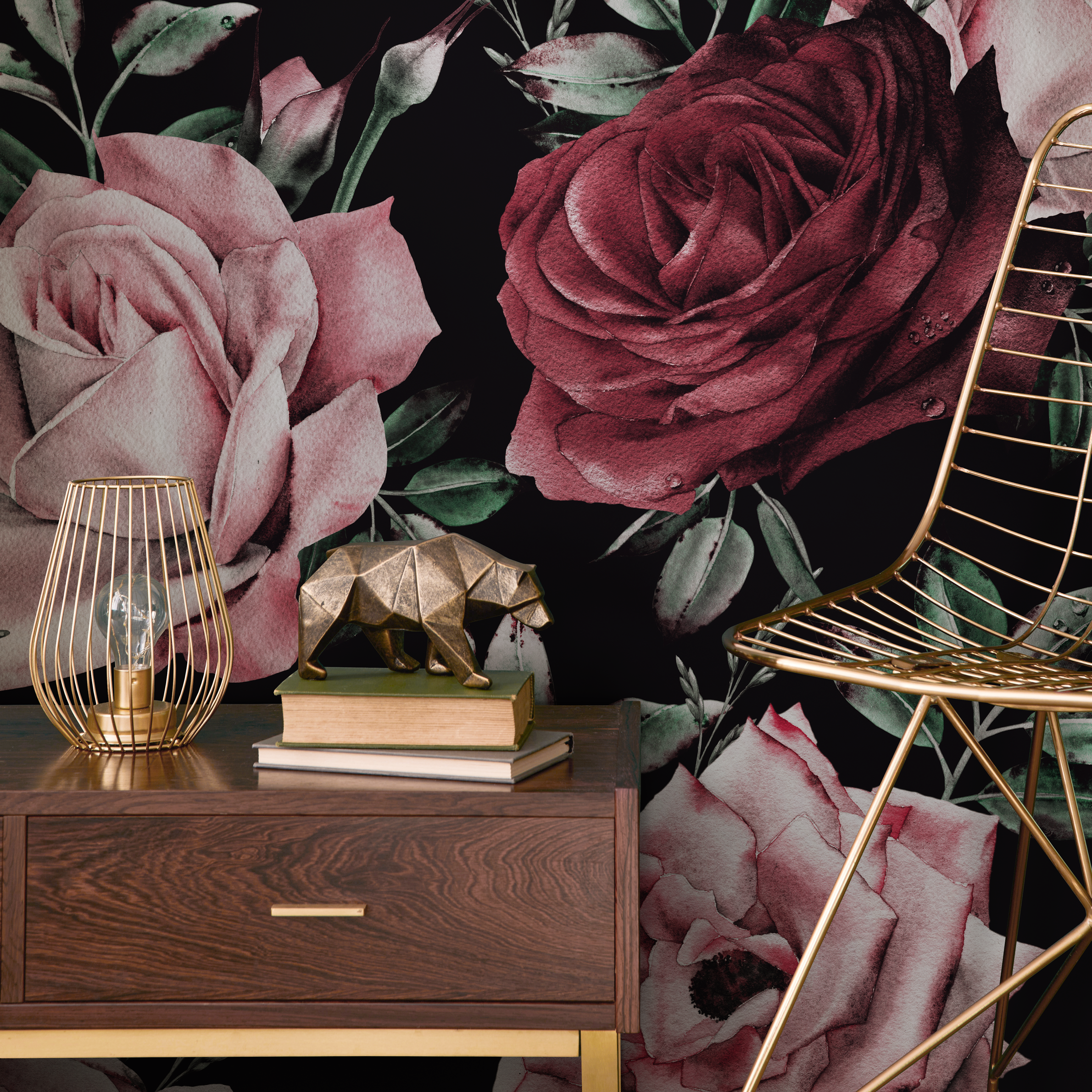 Floral Wallpaper Featuring Lush Romantic Roses In Pink, Red, And Black - B222