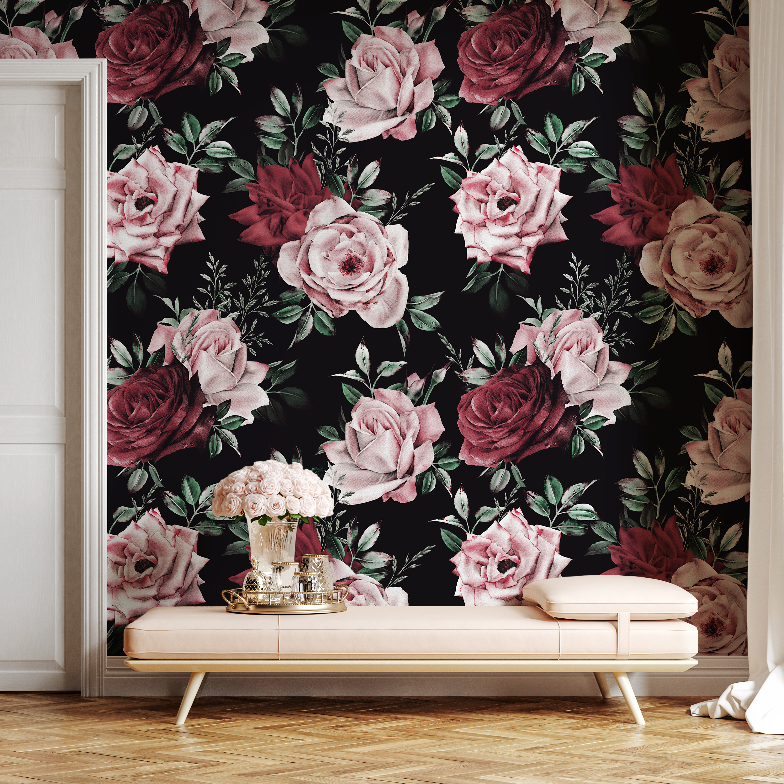 Floral Wallpaper Featuring Lush Romantic Roses In Pink, Red, And Black - B222