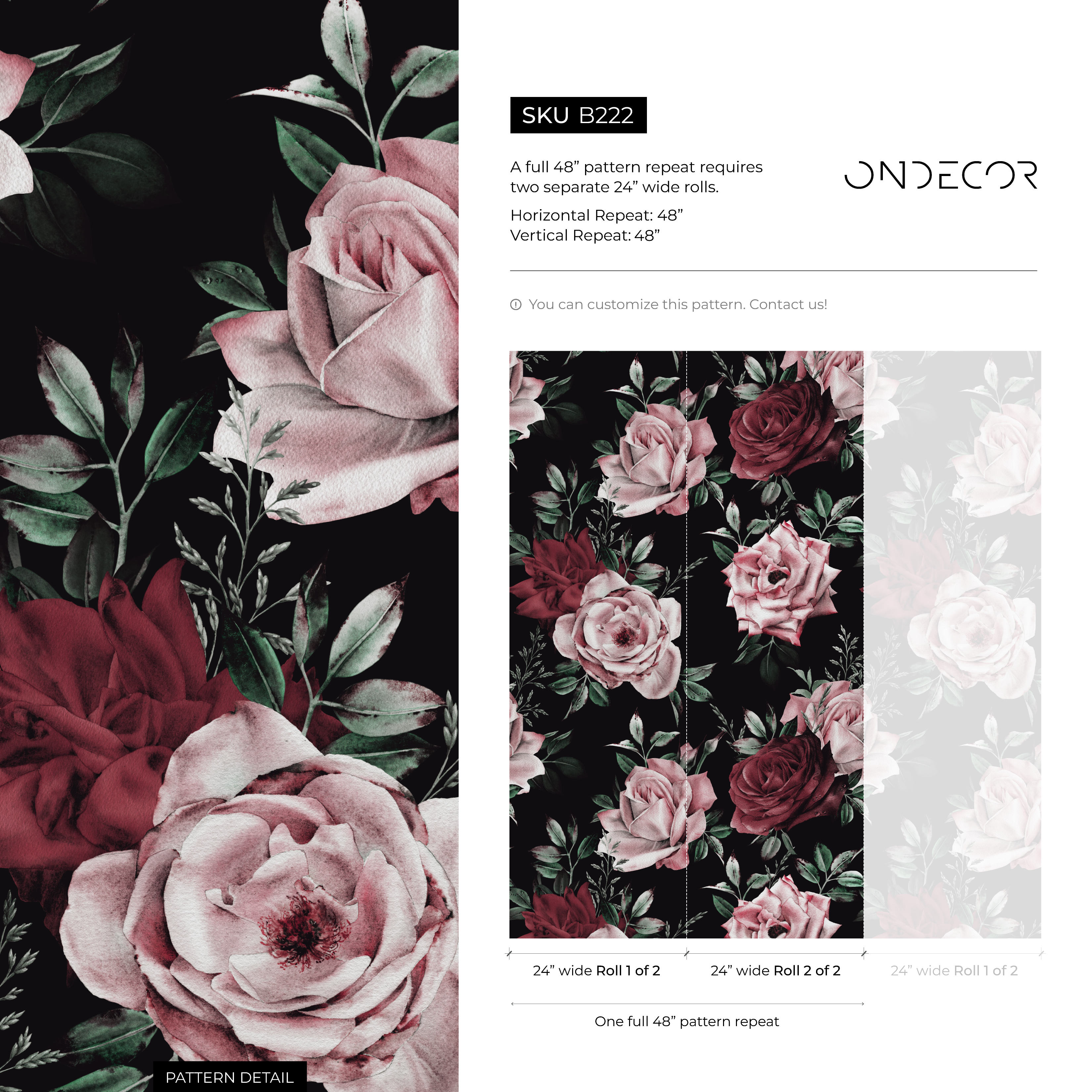 Floral Wallpaper Featuring Lush Romantic Roses In Pink, Red, And Black - B222