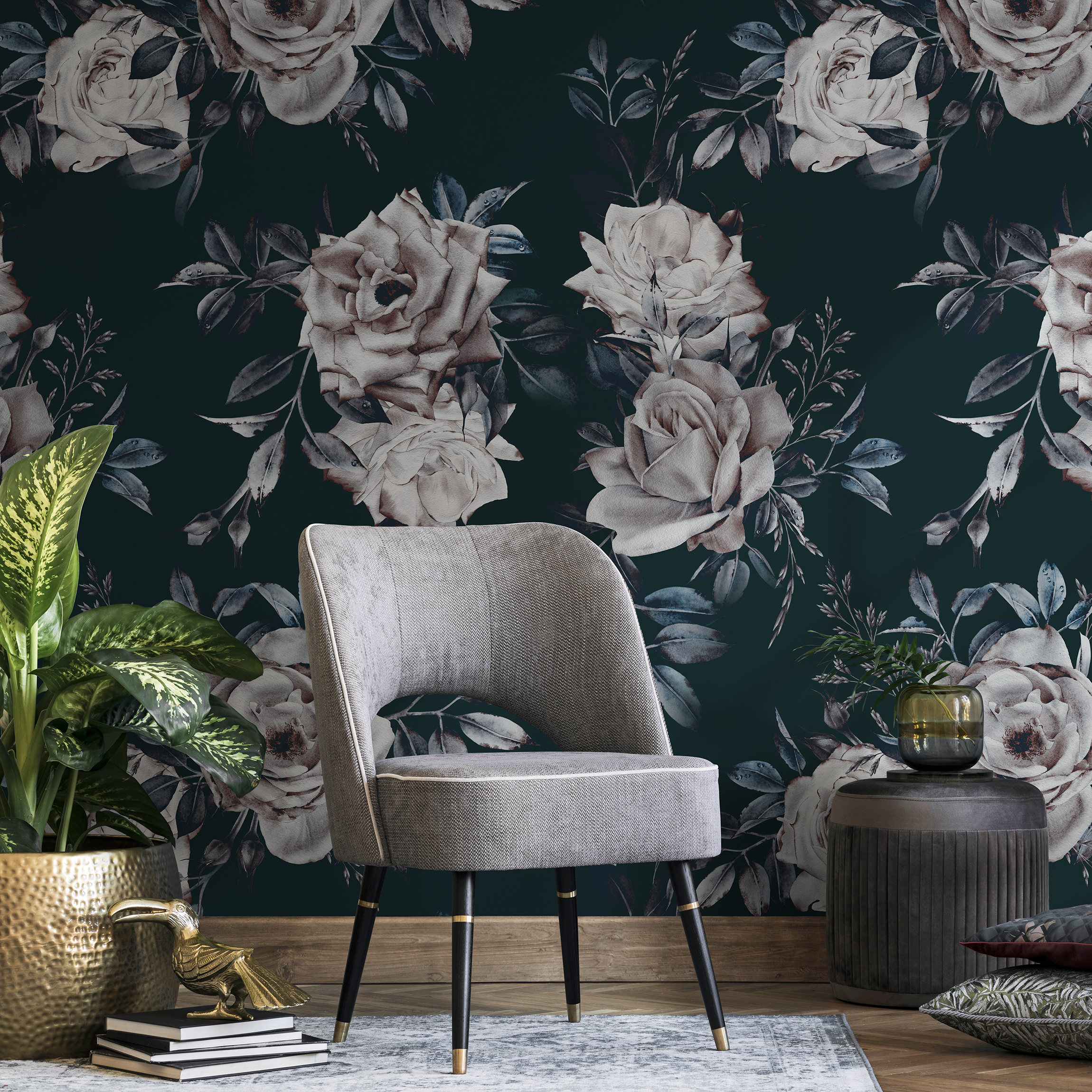 Floral Wallpaper With Moody Roses In Dark Green, White, And Blue - B223