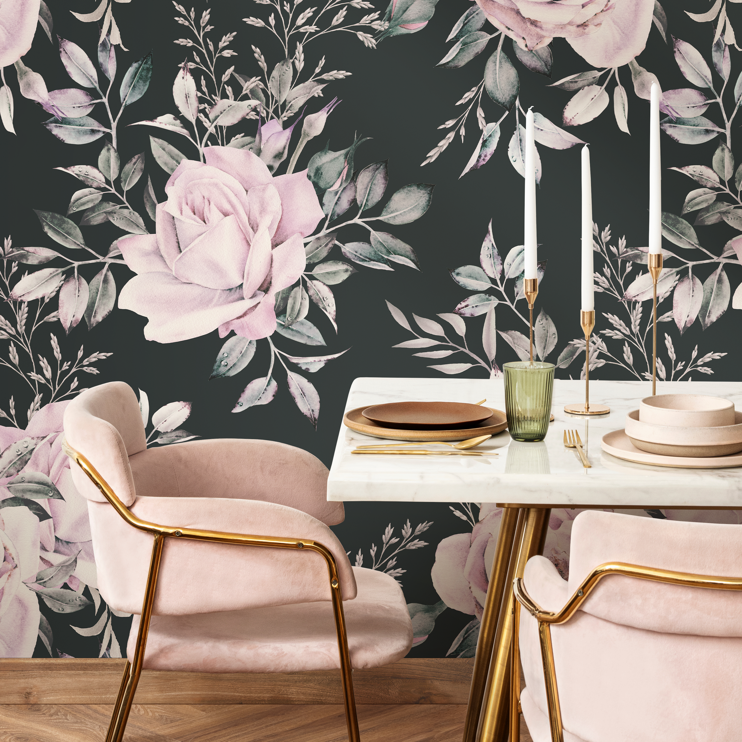 Floral Wallpaper Featuring Romantic Rose Bouquets In Pink, Green, And Black - B224