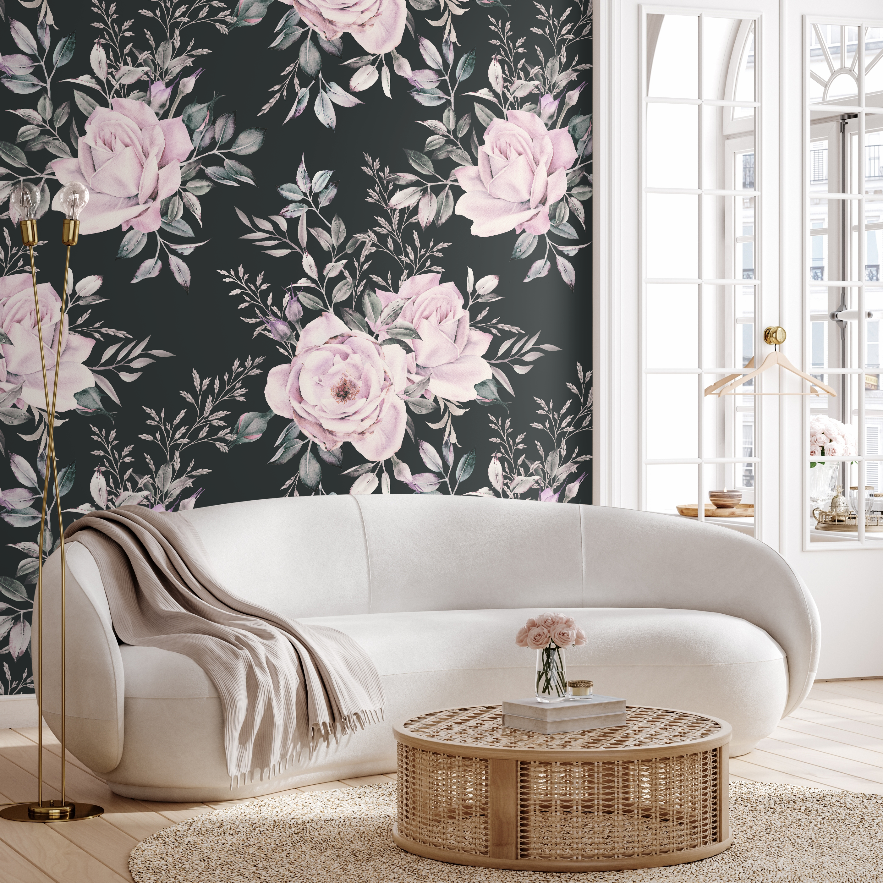 Floral Wallpaper Featuring Romantic Rose Bouquets In Pink, Green, And Black - B224