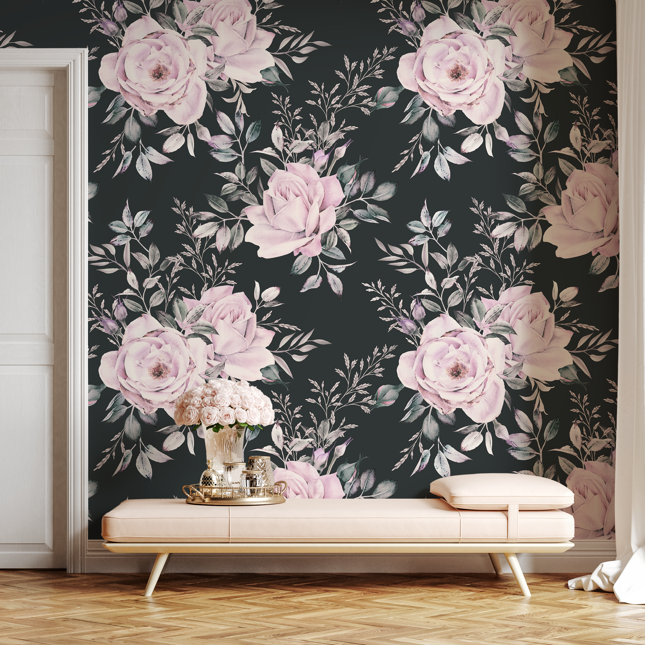Floral Wallpaper Featuring Romantic Rose Bouquets In Pink, Green, And Black - B224