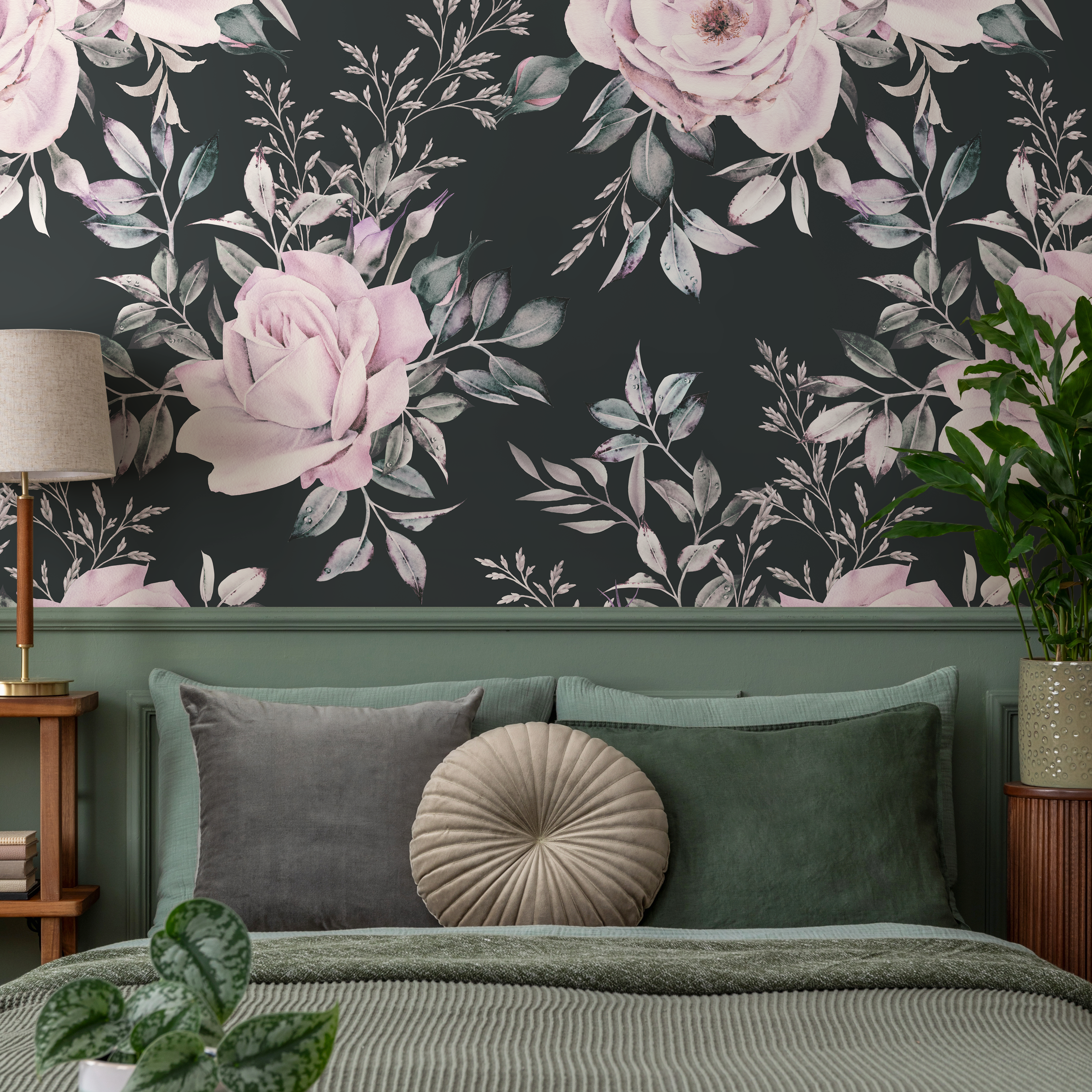 Floral Wallpaper Featuring Romantic Rose Bouquets In Pink, Green, And Black - B224