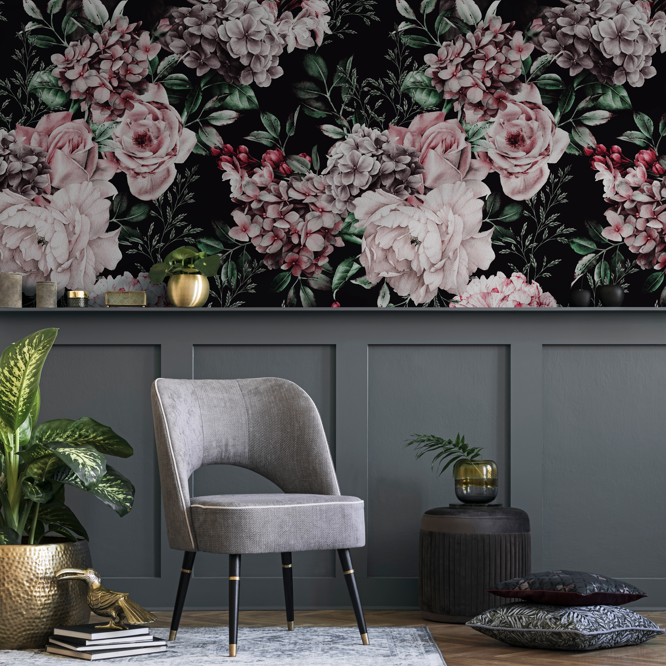 Dark Floral Wallpaper With Peonies And Roses In Pink And Red - B225