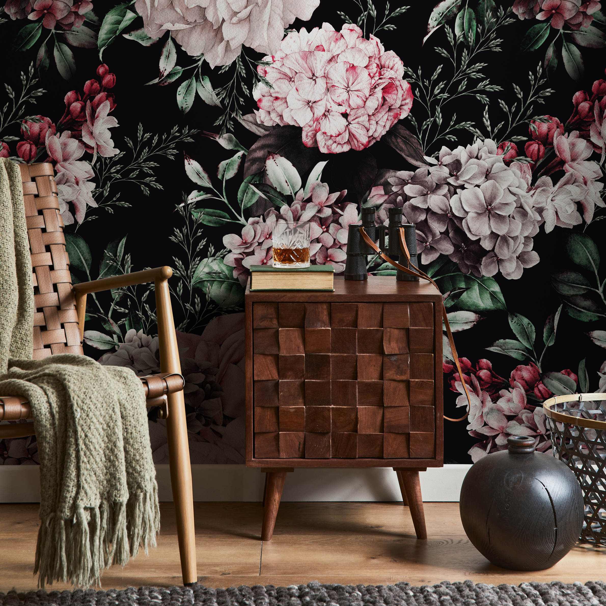 Dark Floral Wallpaper With Peonies And Roses In Pink And Red - B225