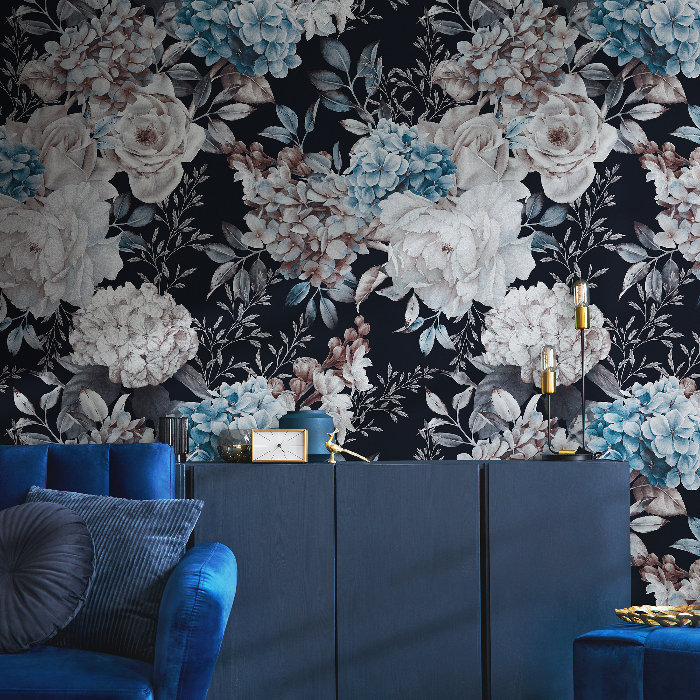 Floral Wallpaper Featuring Peonies And Hydrangeas In Blue And White - B227