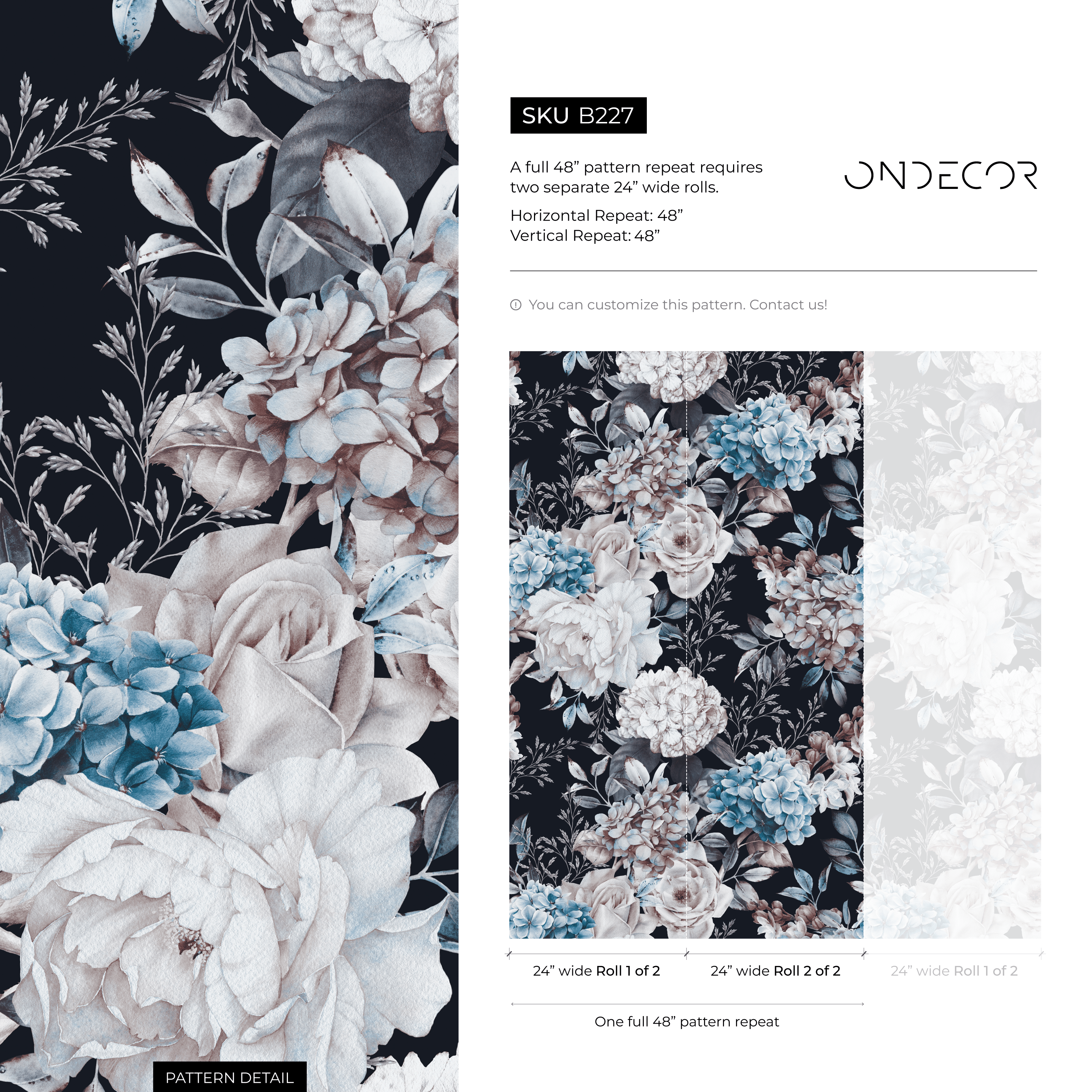 Floral Wallpaper Featuring Peonies And Hydrangeas In Blue And White - B227