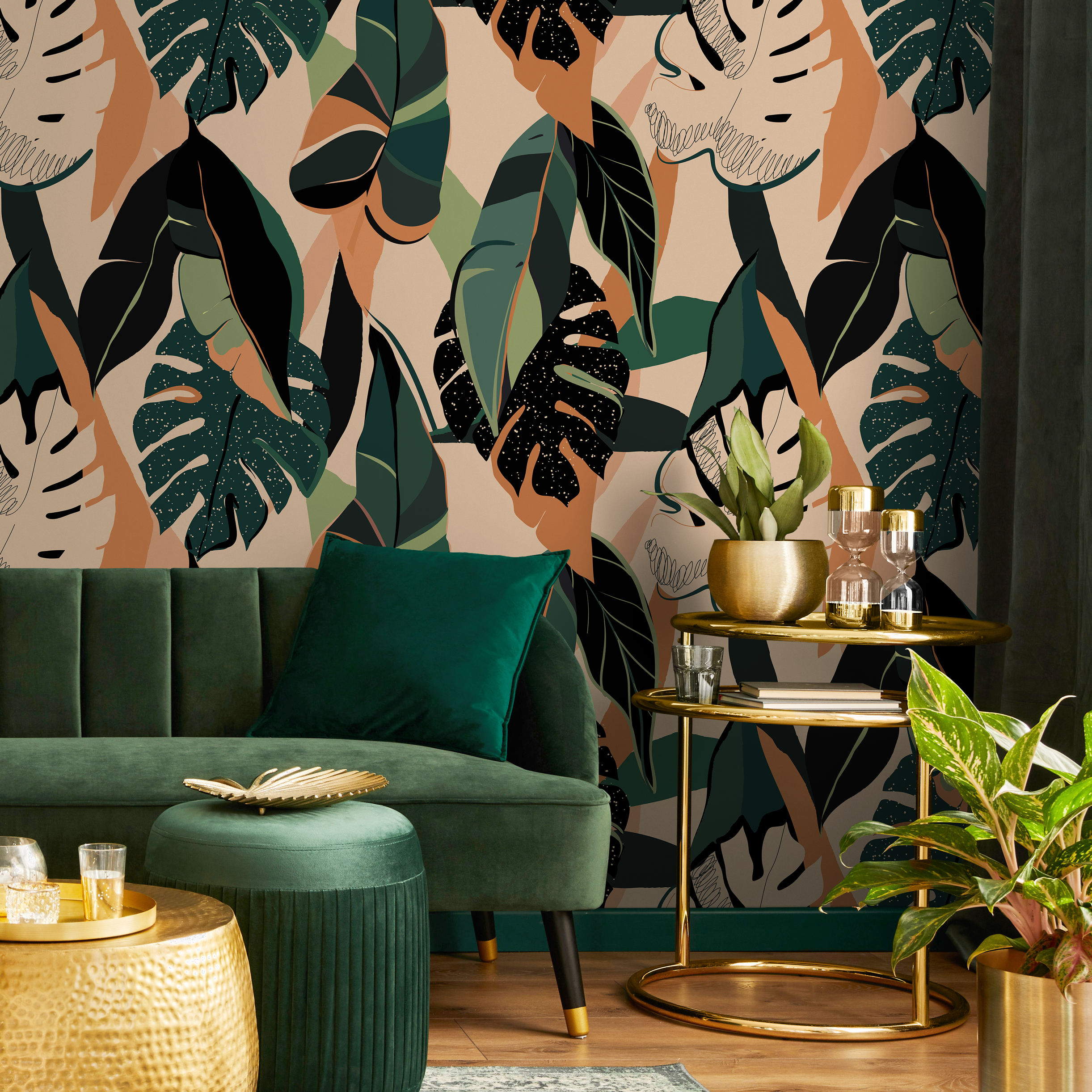 Tropical Wallpaper Featuring Abstract Jungle Leaves In Green, Terracotta, And Black - B229