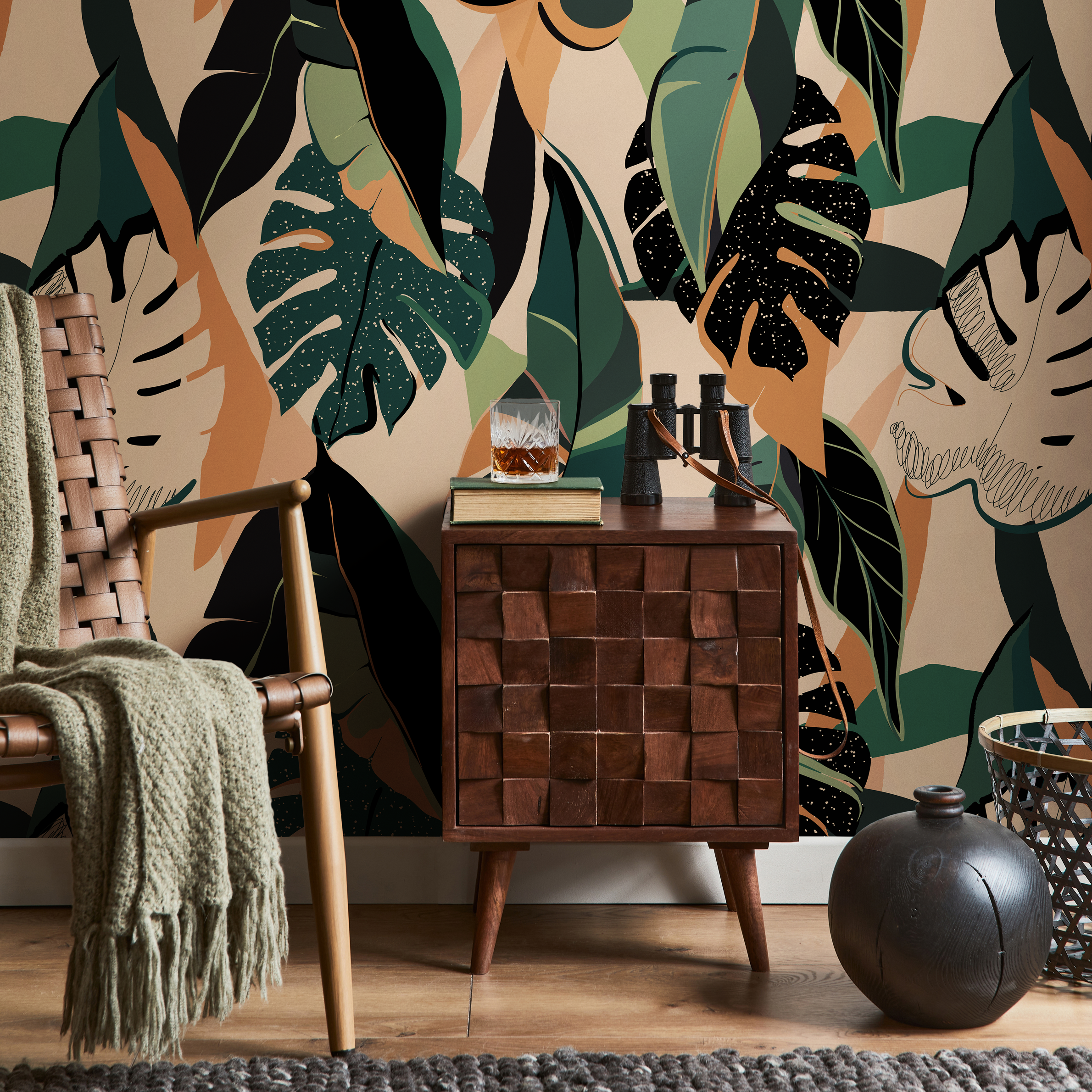 Tropical Wallpaper Featuring Abstract Jungle Leaves In Green, Terracotta, And Black - B229