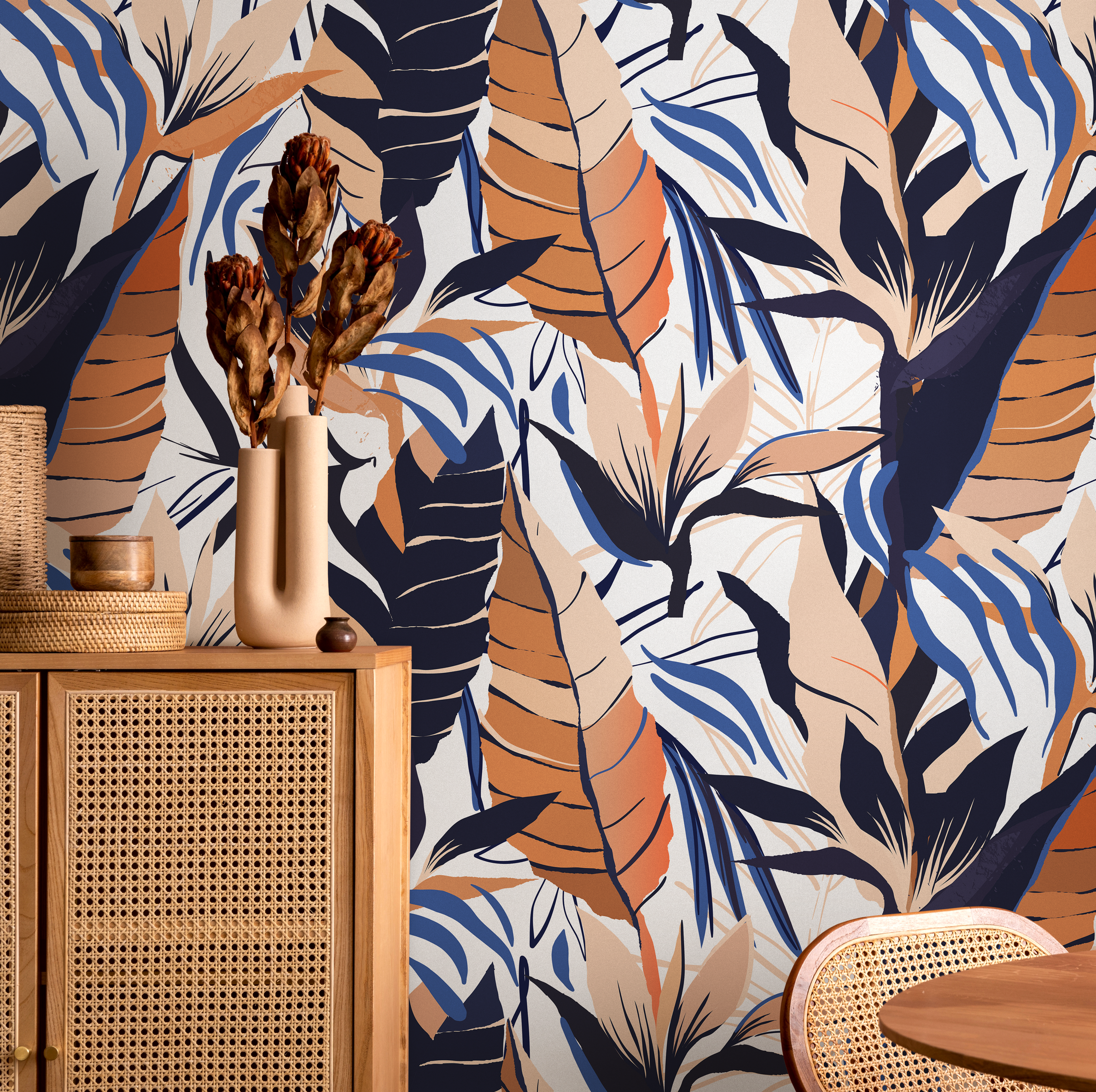 Botanical Wallpaper With Abstract Tropical Leaves In Orange, Blue, And Beige - B230