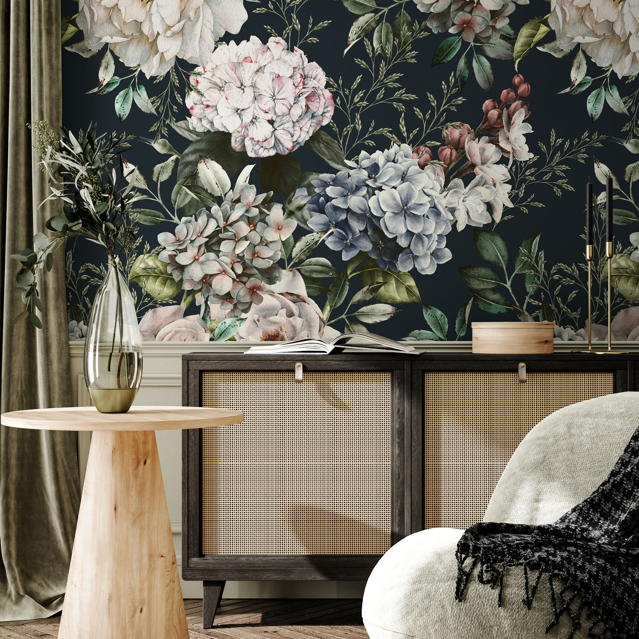 Floral Wallpaper With Vintage Roses And Hydrangeas In Pink And Blue - B231