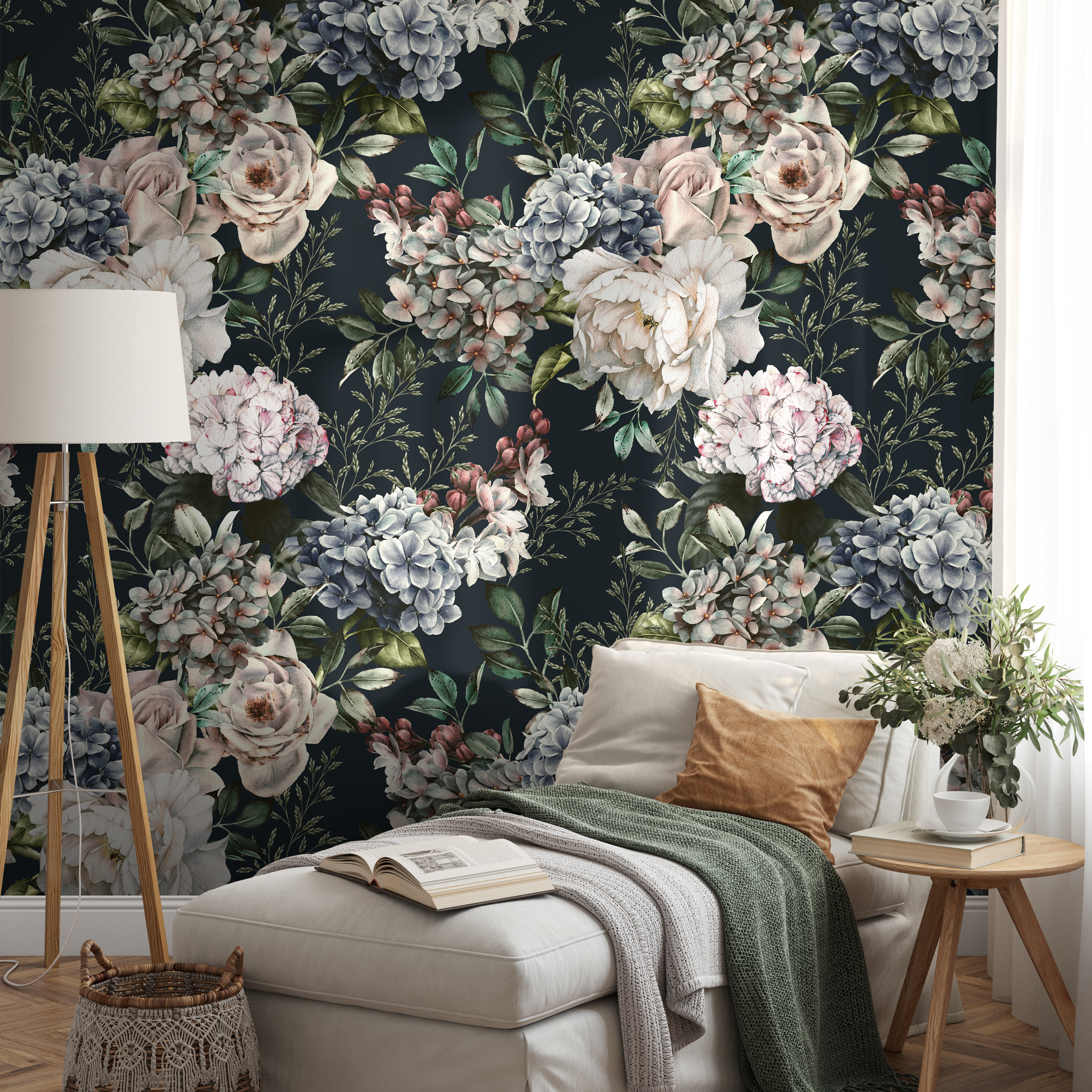 Floral Wallpaper With Vintage Roses And Hydrangeas In Pink And Blue - B231