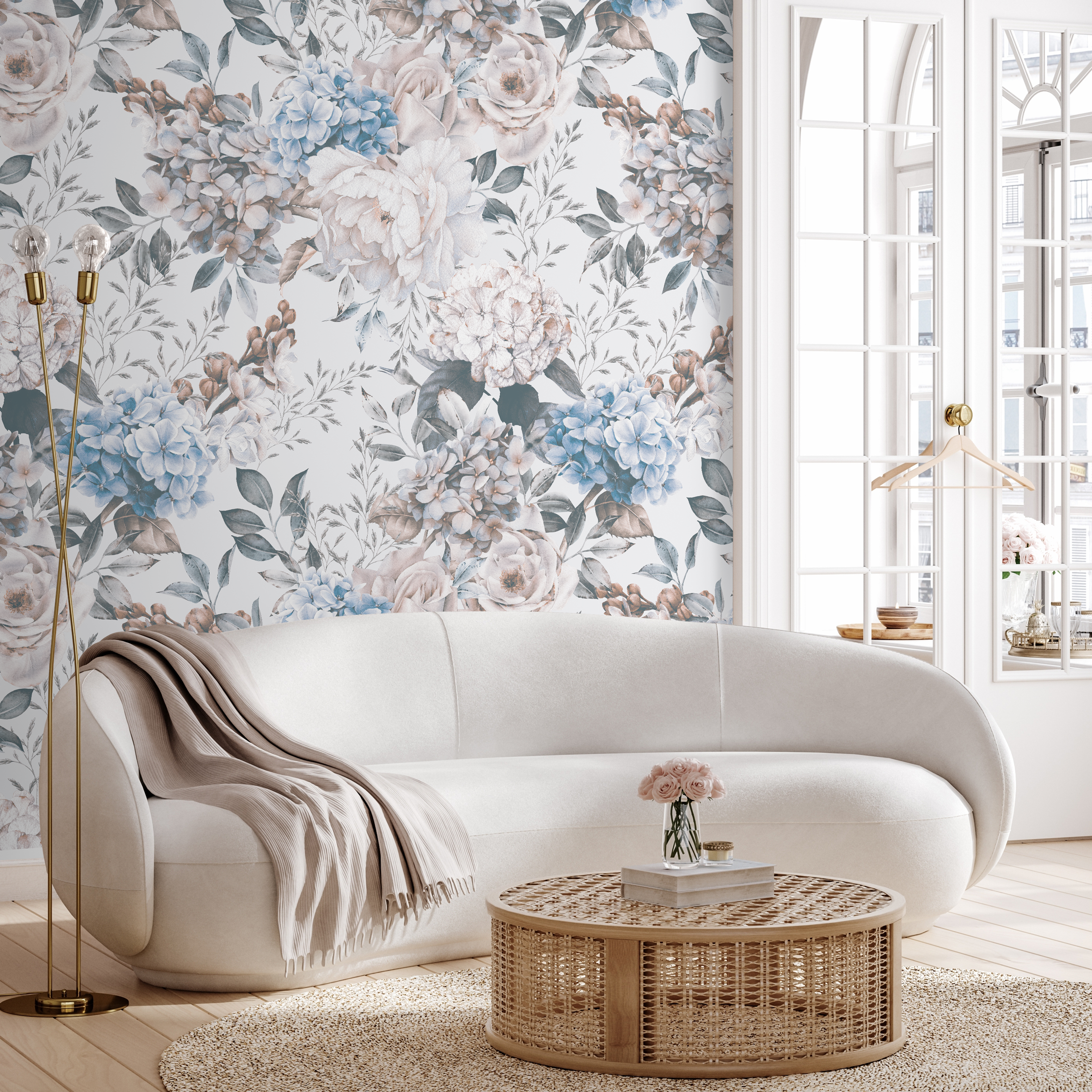 Vintage Floral Wallpaper With Peonies In Blue, Pink, And Gray - B232