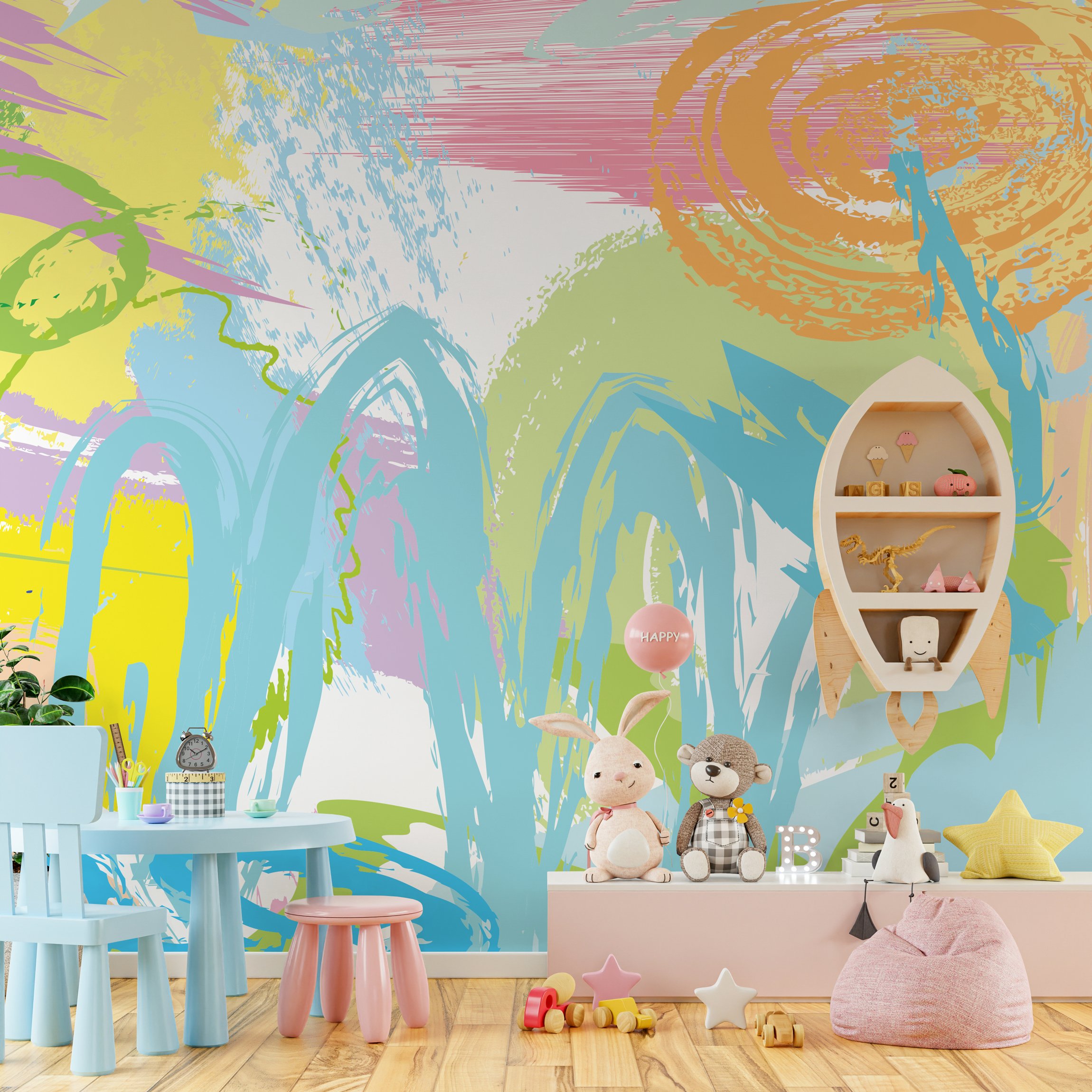 Abstract Wallpaper With Expressive Brush Strokes In Blue, Green, And Yellow - B234