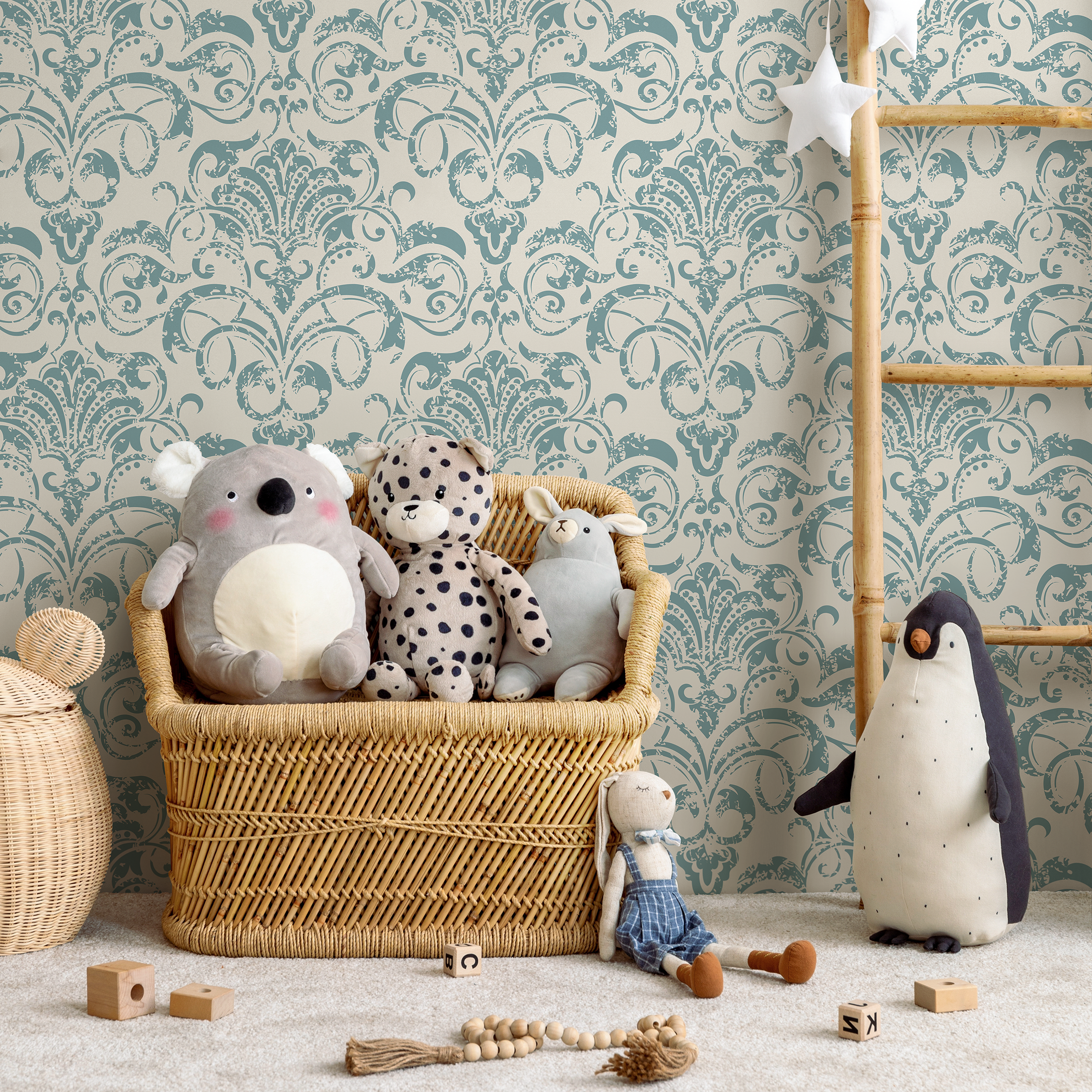 Damask Wallpaper With A Distressed Motif In Blue And Cream - B236