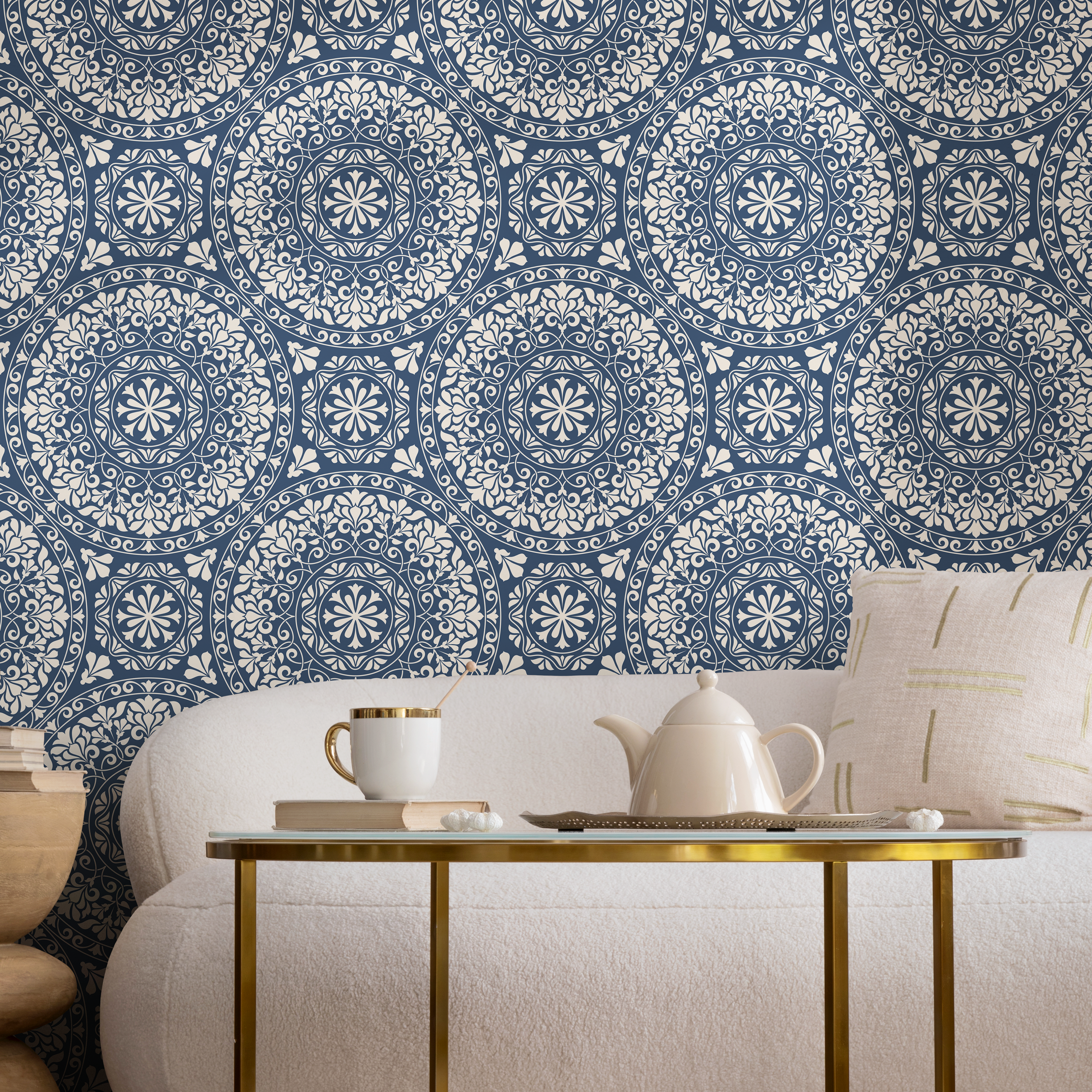 Medallion Wallpaper With An Intricate Floral Motif In Navy Blue And Beige - B237