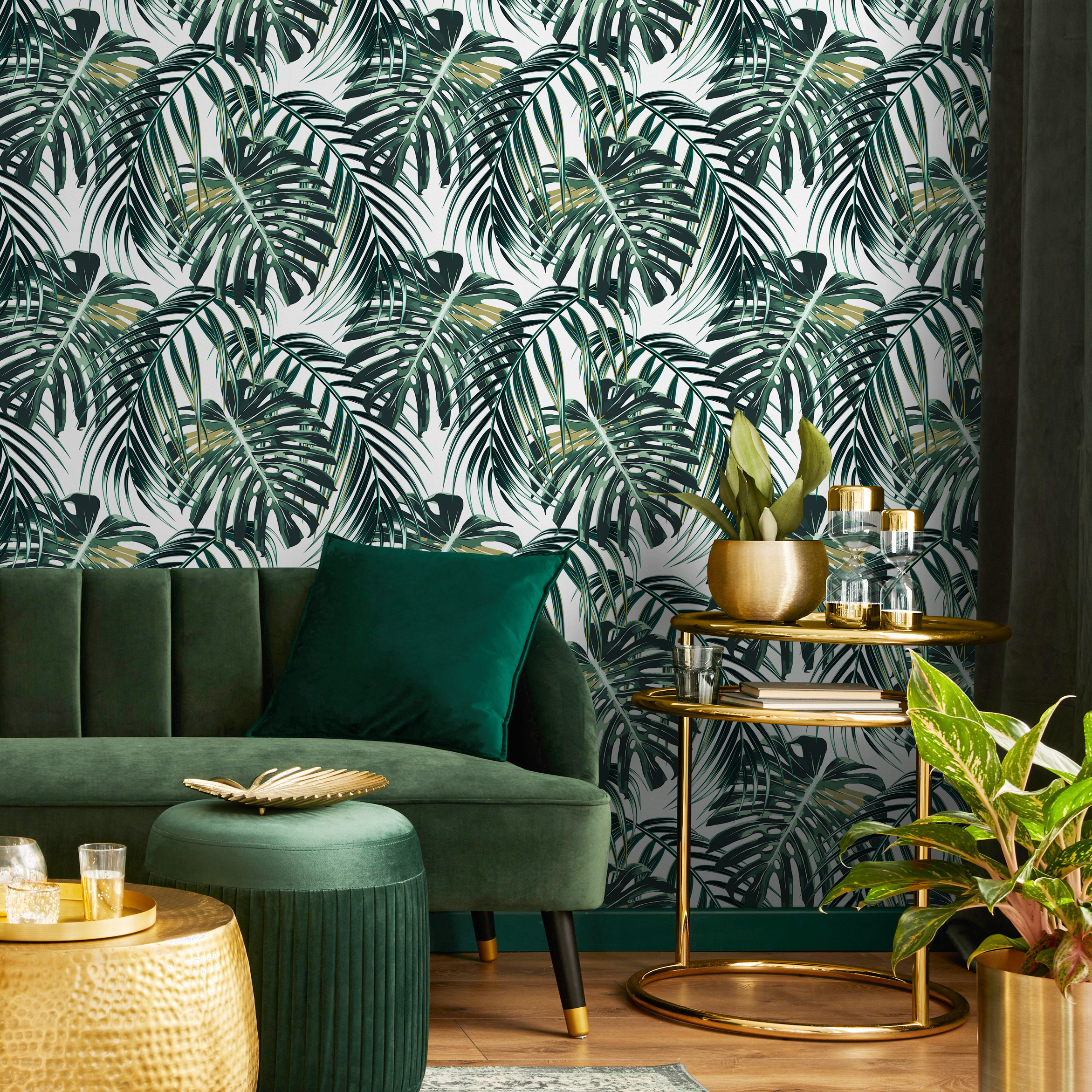 Tropical Wallpaper With Layered Palm Fronds In Green And Olive - B238