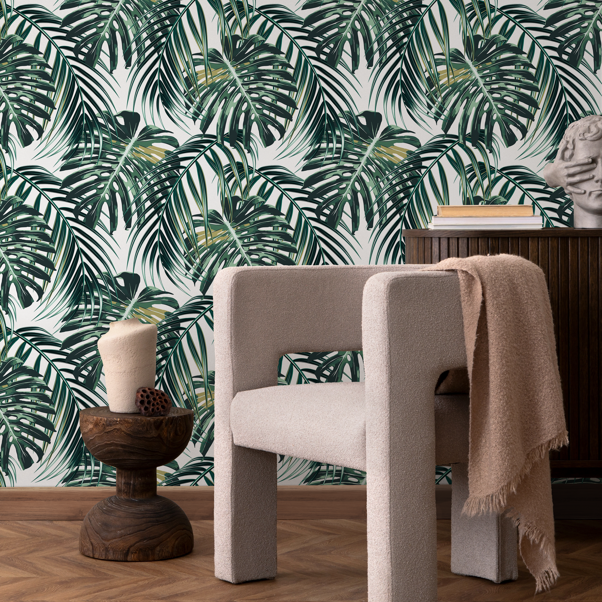 Tropical Wallpaper With Layered Palm Fronds In Green And Olive - B238