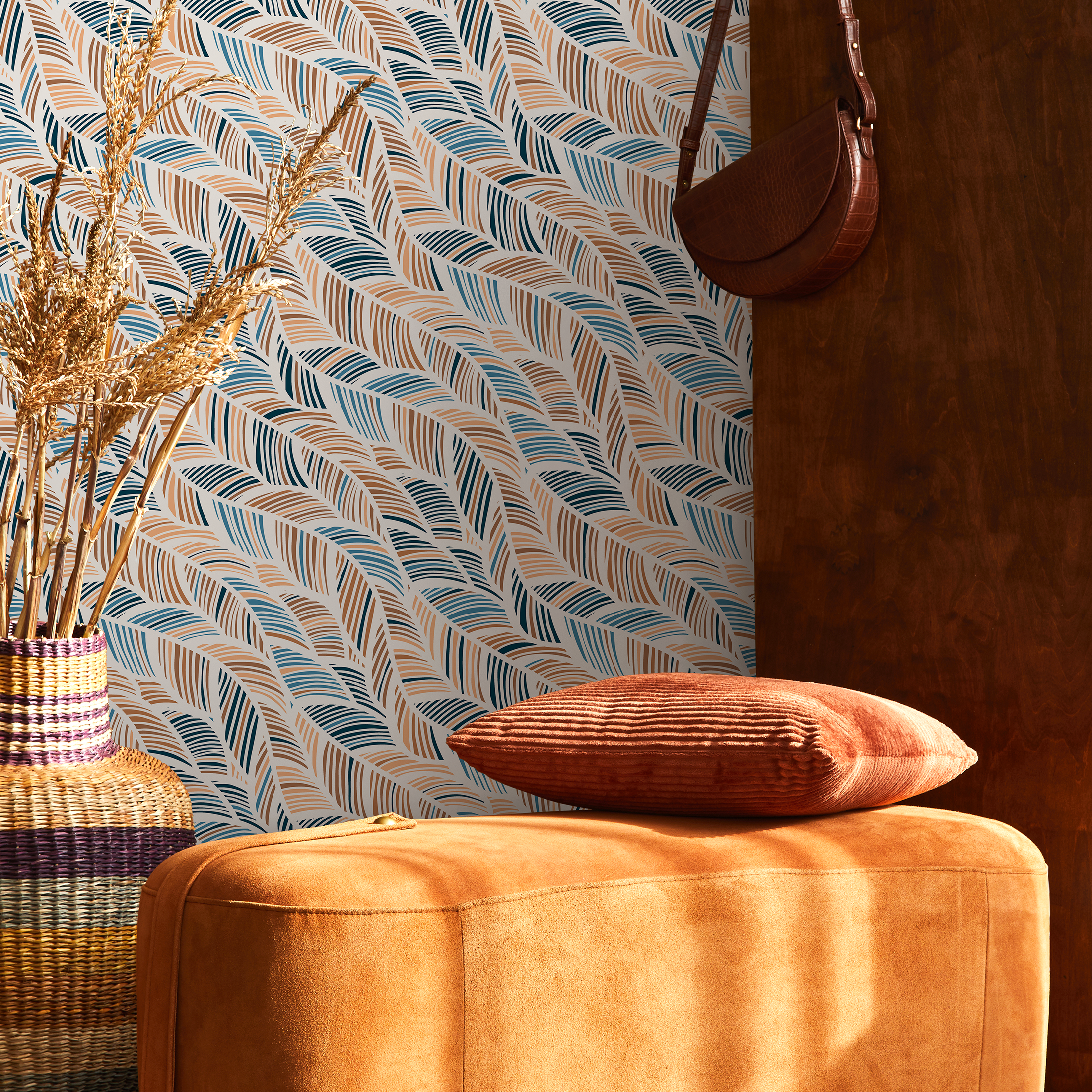 Abstract Wallpaper With Wavy Feather-like Strokes In Blue And Brown - B239
