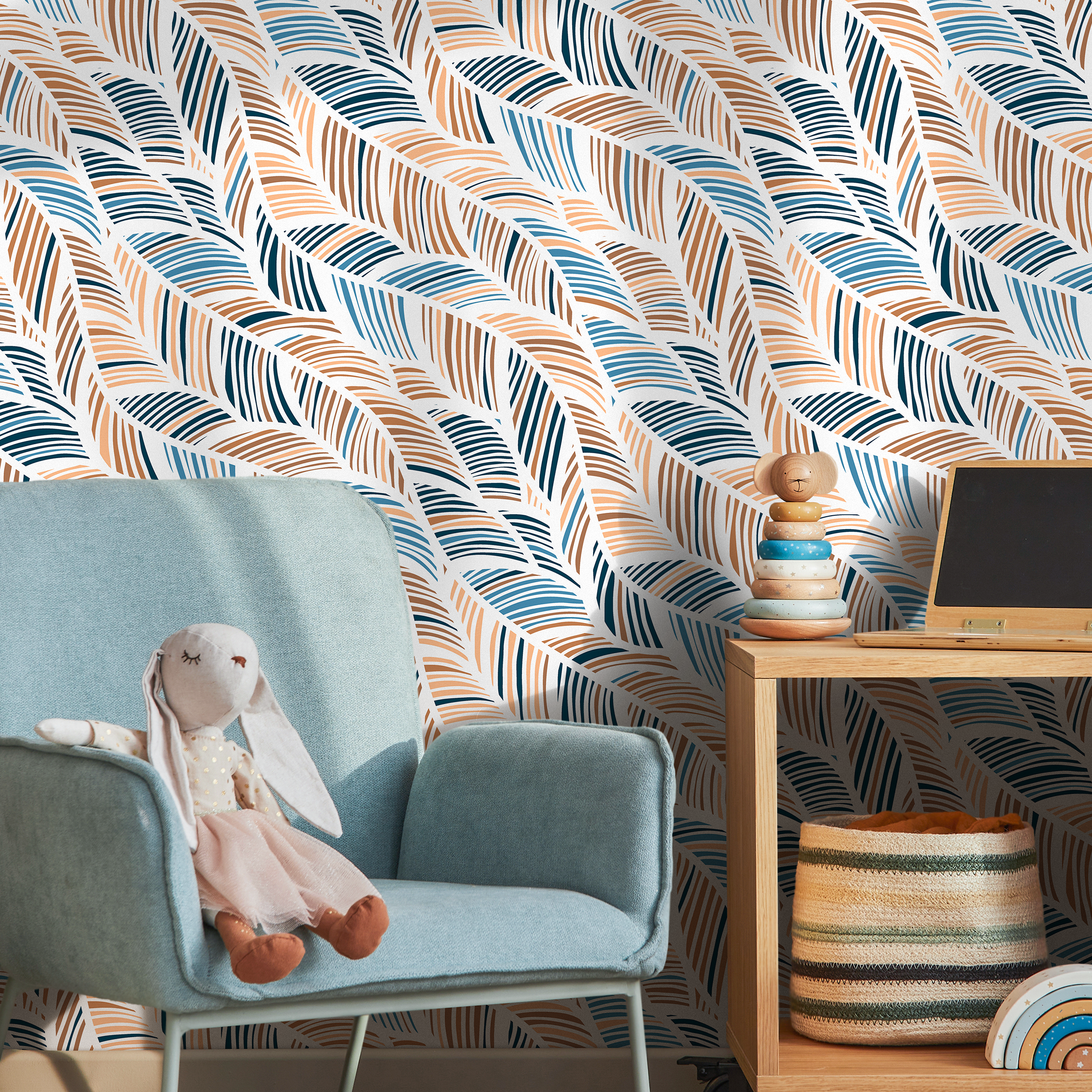Abstract Wallpaper With Wavy Feather-like Strokes In Blue And Brown - B239