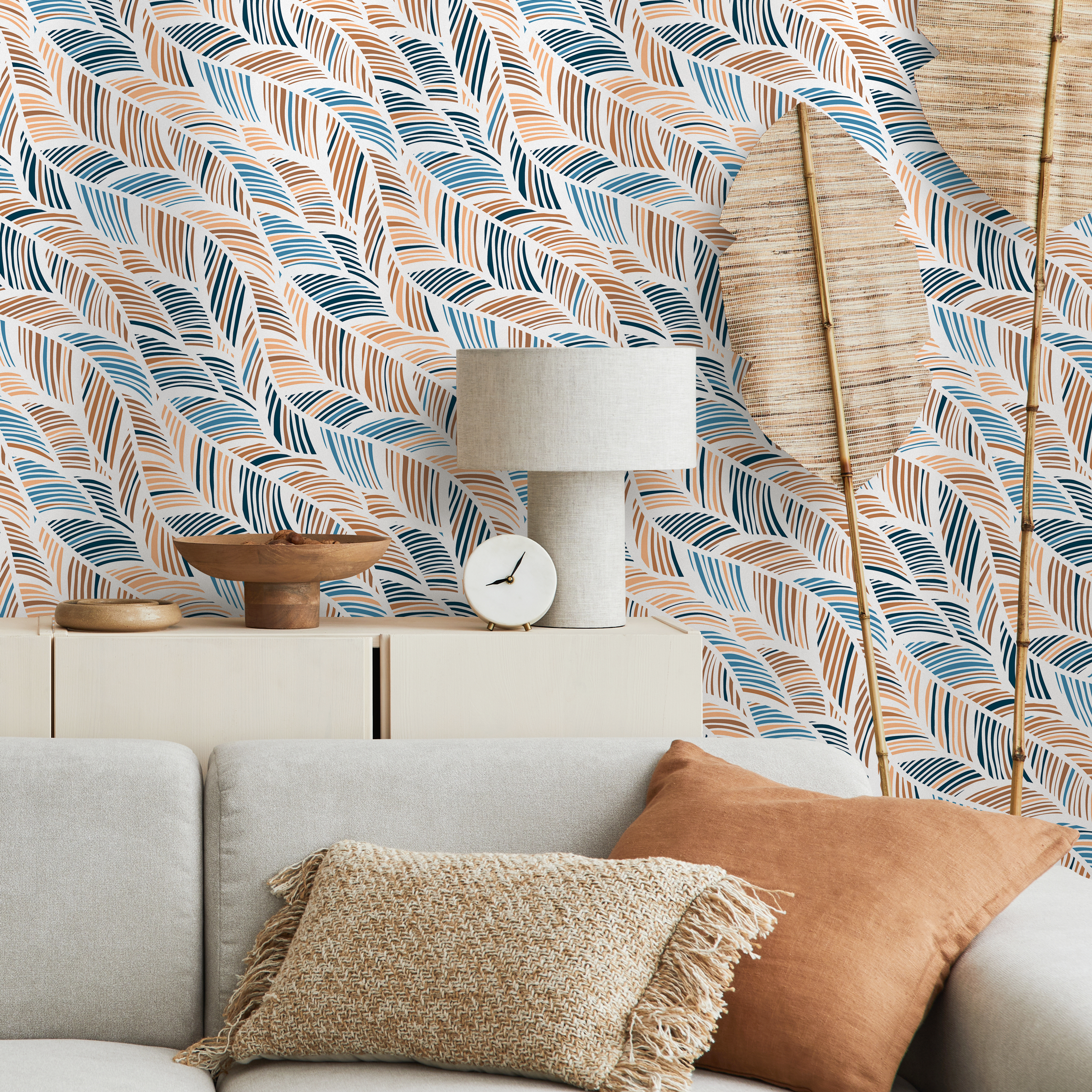 Abstract Wallpaper With Wavy Feather-like Strokes In Blue And Brown - B239