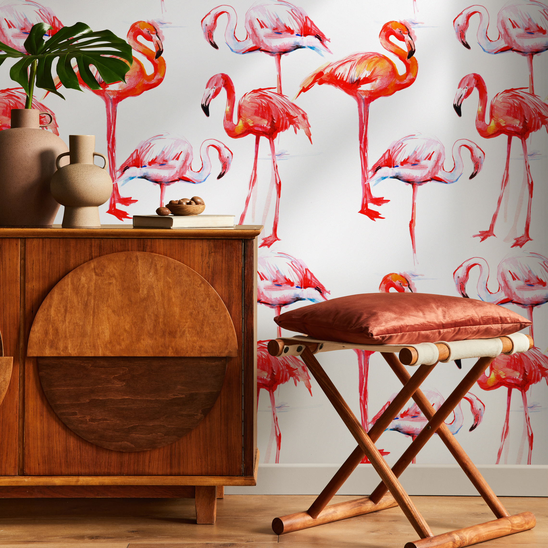Tropical Wallpaper With A Watercolor Flamingo Motif In Red, Pink, And Orange - B248