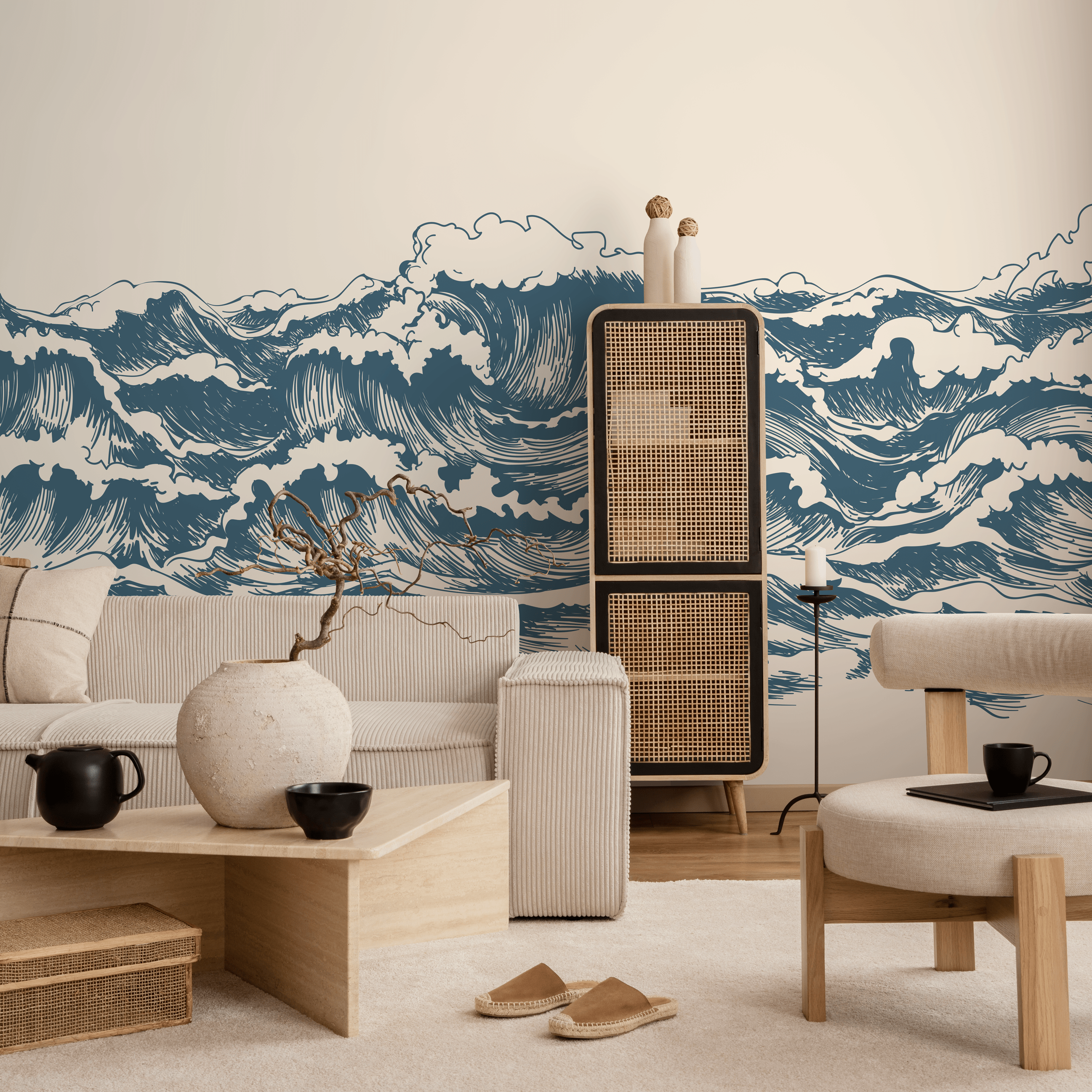 Waves Wallpaper With A Hand-drawn Ocean Motif In Blue And Beige - B256