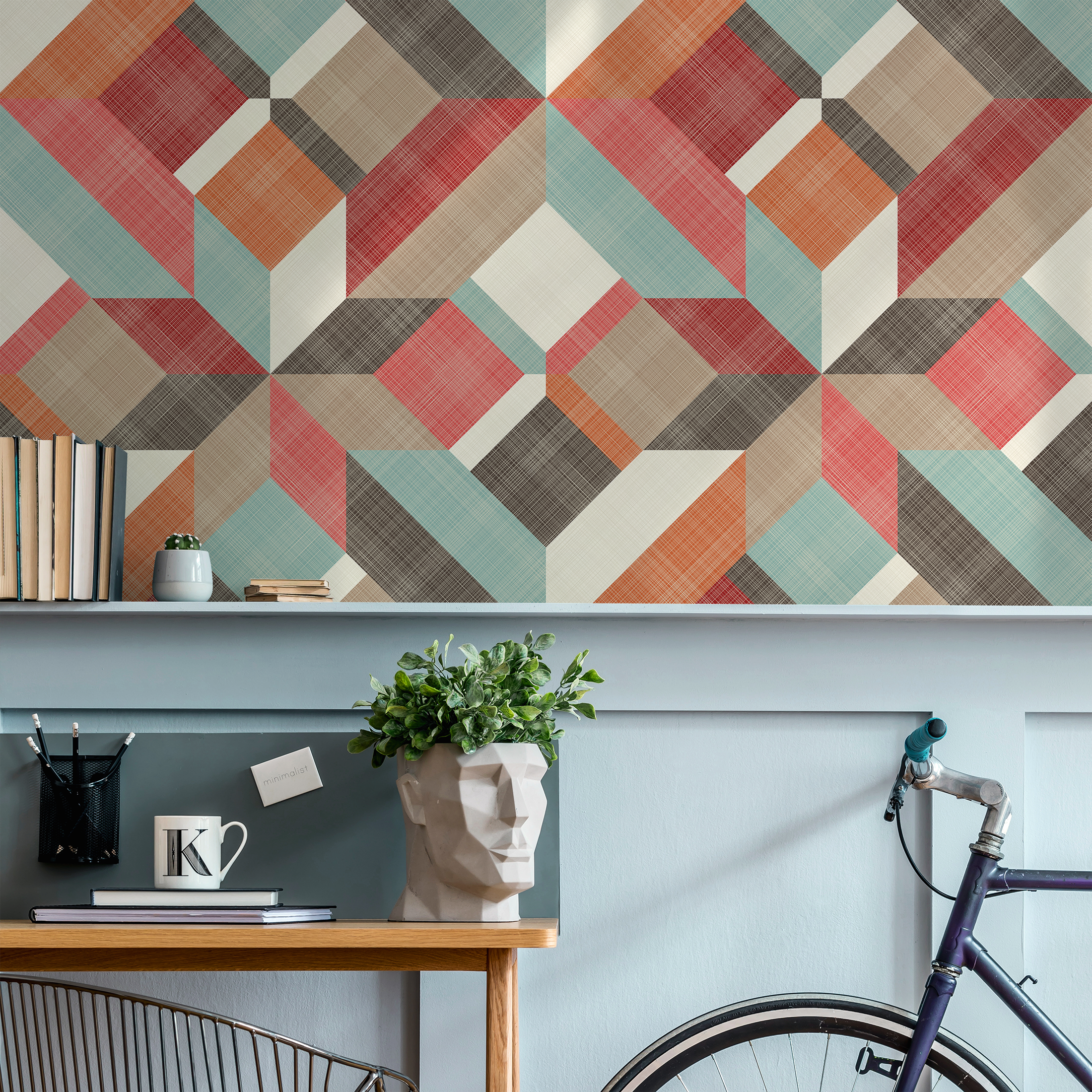 Geometric Wallpaper With A 3d Block Motif In Red, Orange, And Teal - B259