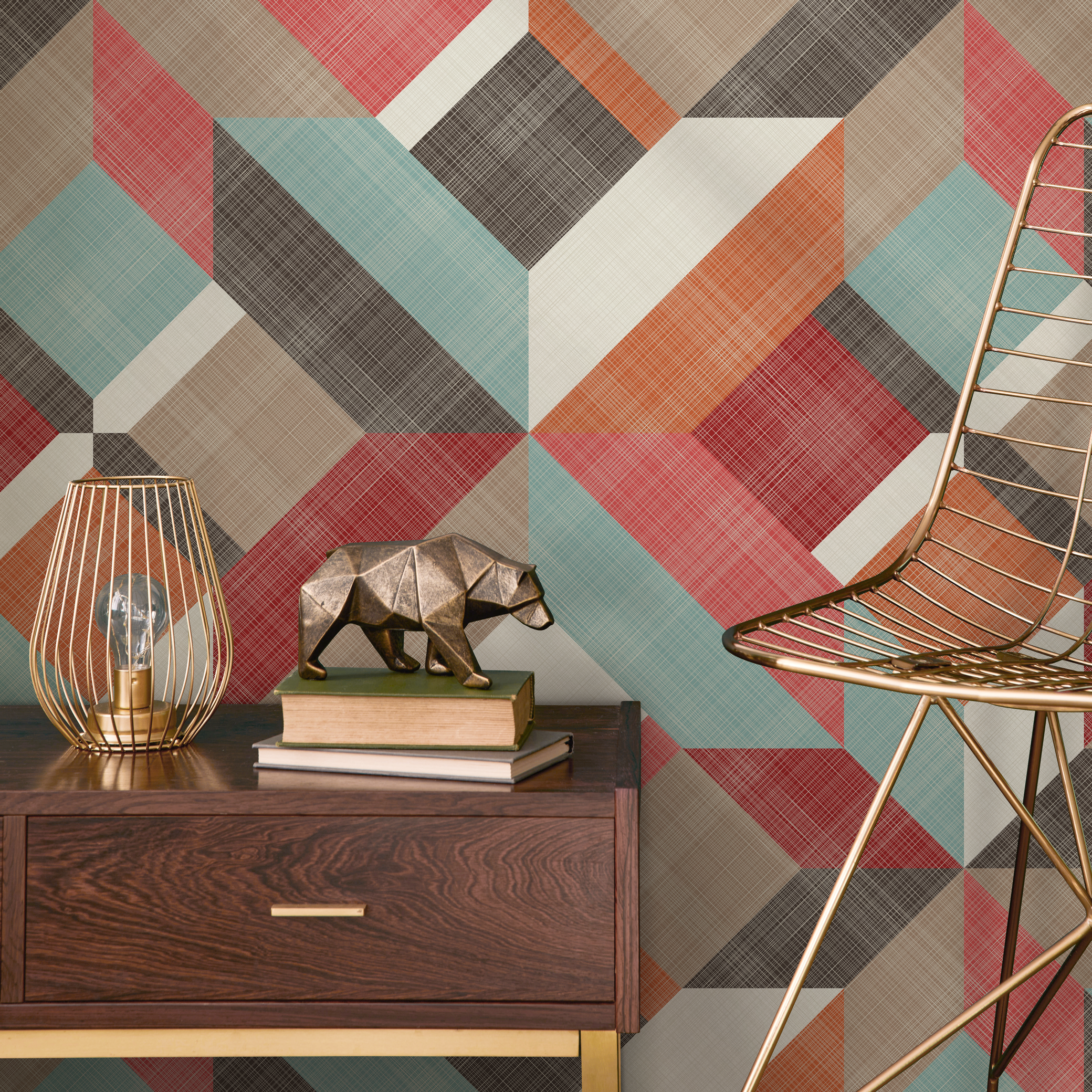 Geometric Wallpaper With A 3d Block Motif In Red, Orange, And Teal - B259