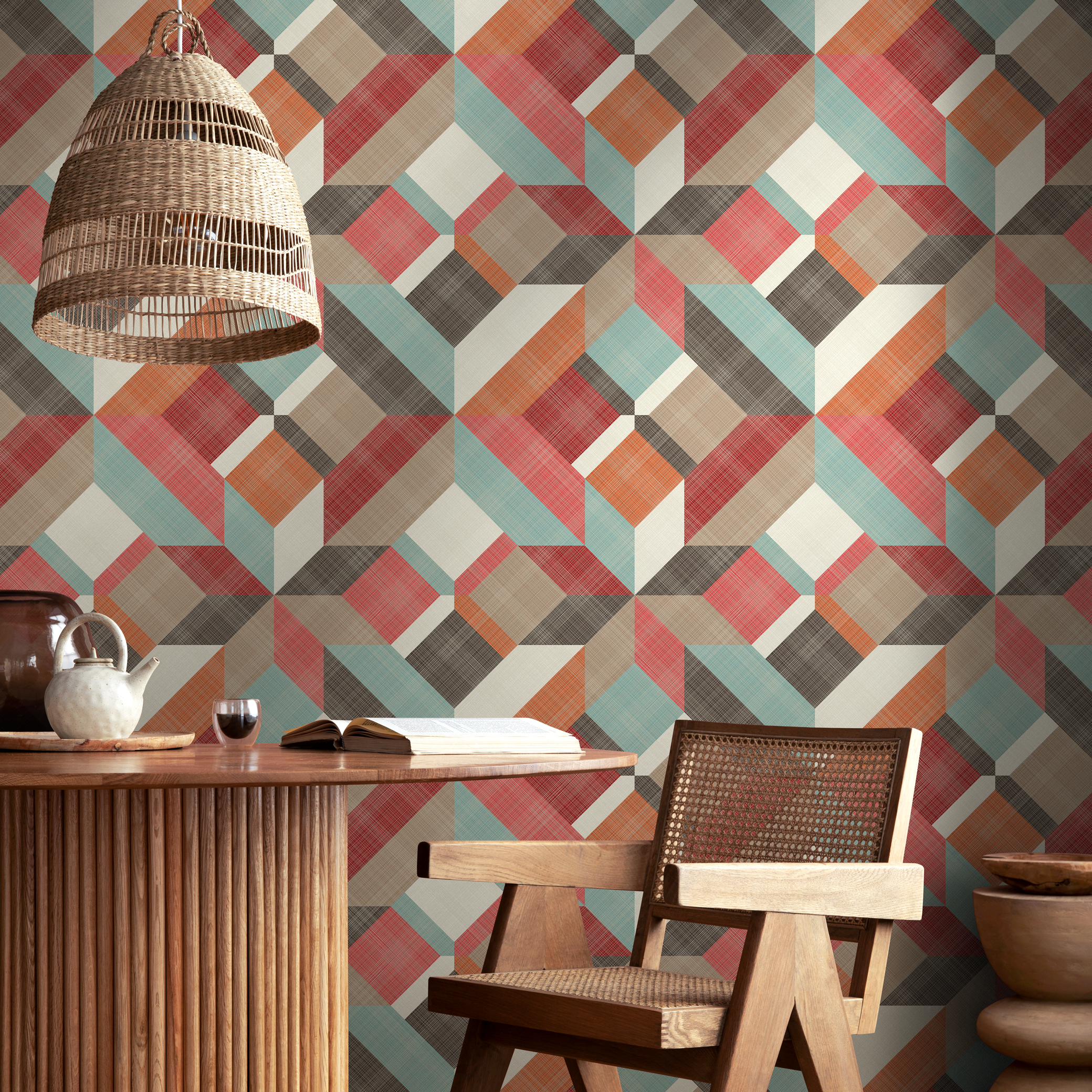 Geometric Wallpaper With A 3d Block Motif In Red, Orange, And Teal - B259