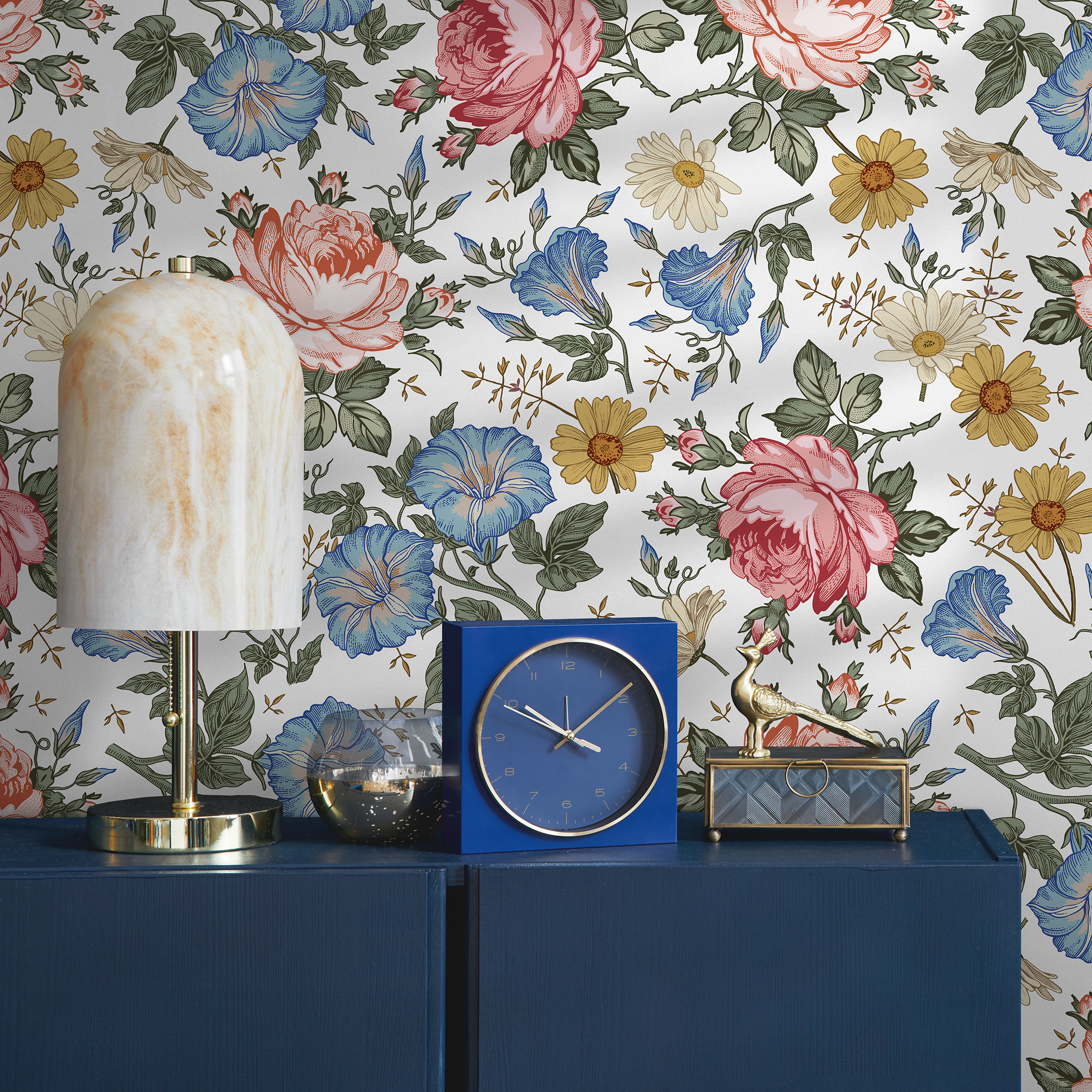 Vintage Floral Wallpaper With Roses And Wildflowers In Pink, Blue, And Yellow - B262