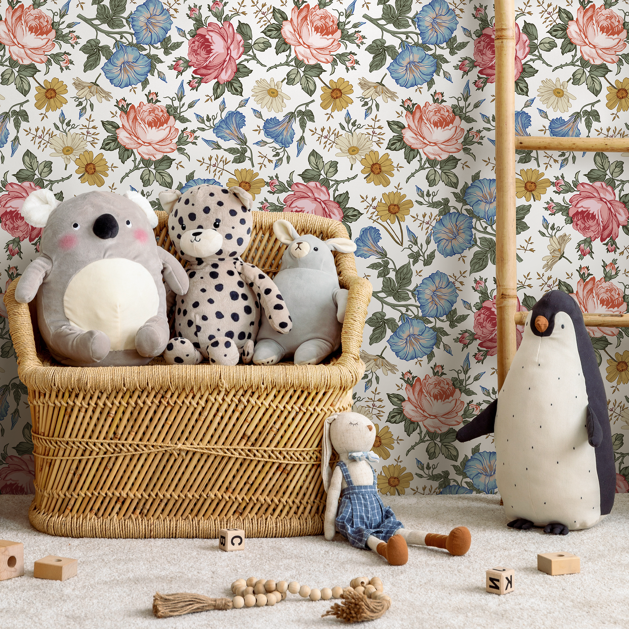 Vintage Floral Wallpaper With Roses And Wildflowers In Pink, Blue, And Yellow - B262