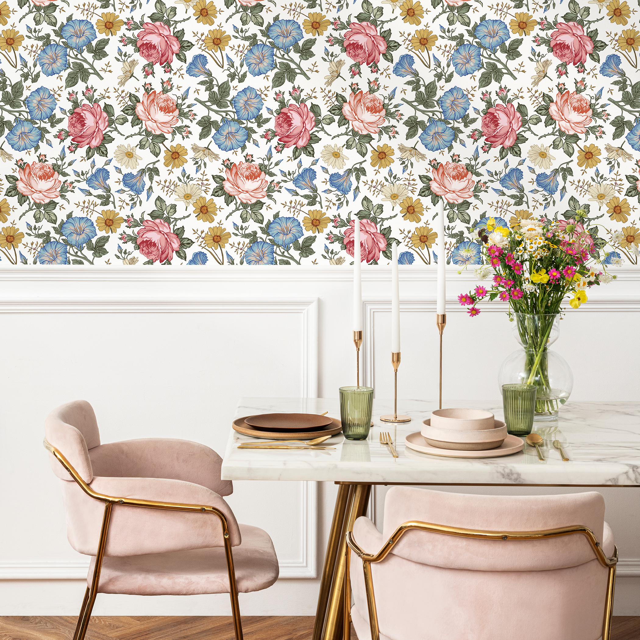 Vintage Floral Wallpaper With Roses And Wildflowers In Pink, Blue, And Yellow - B262