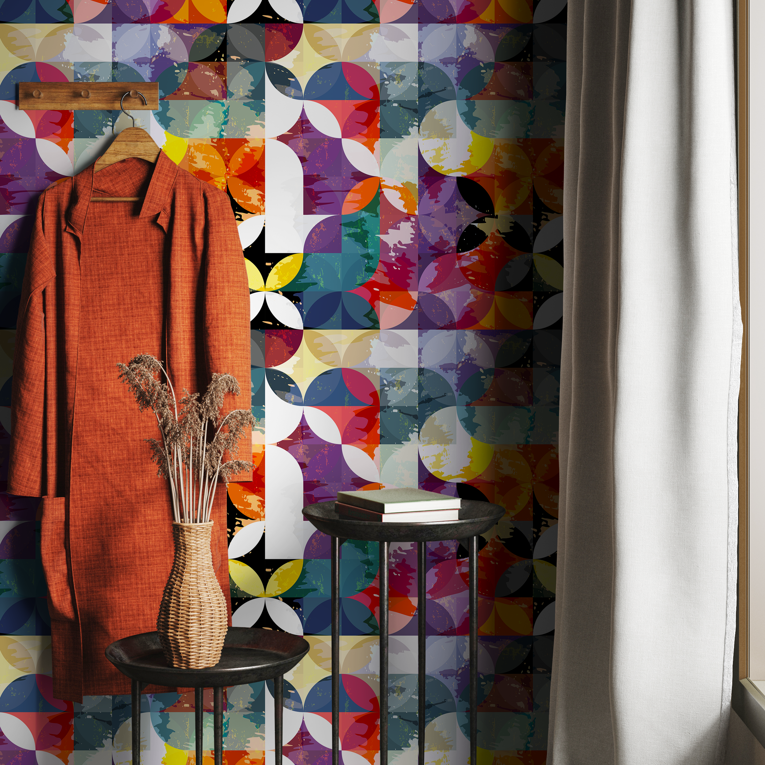 Geometric Wallpaper With A Distressed Circle Motif In Orange, Purple, And Teal - B265