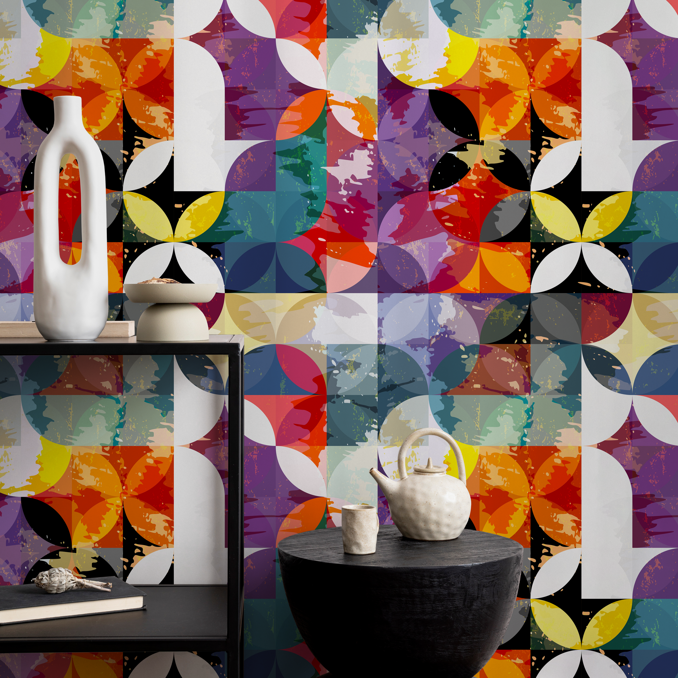 Geometric Wallpaper With A Distressed Circle Motif In Orange, Purple, And Teal - B265