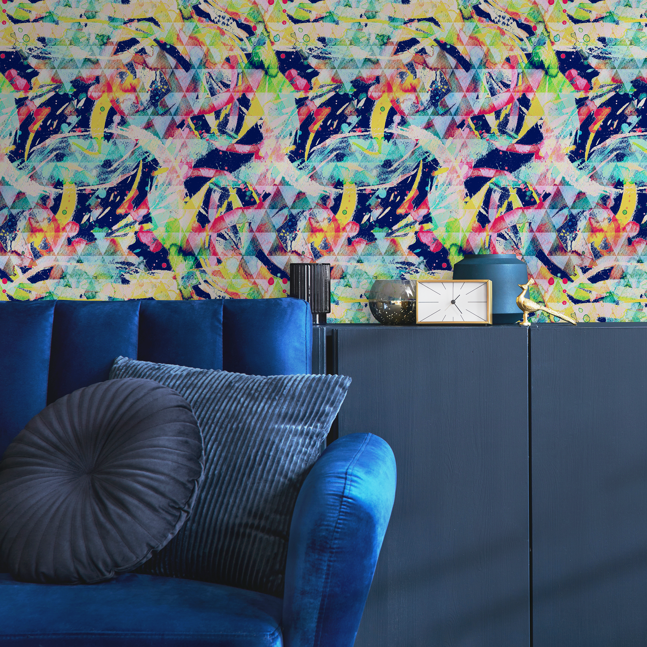 Abstract Wallpaper With A Geometric Graffiti Motif In Blue, Yellow, And Pink - B266