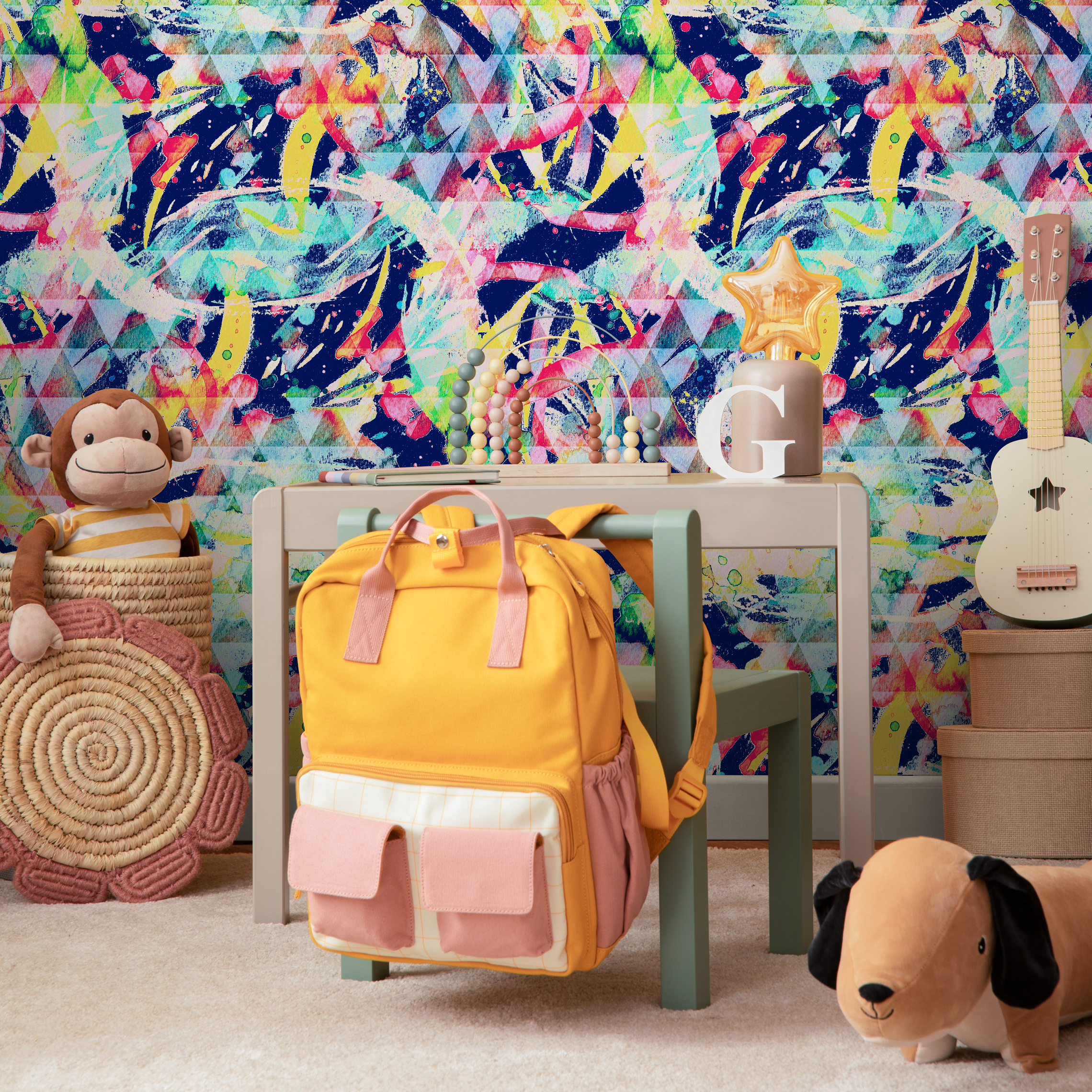 Abstract Wallpaper With A Geometric Graffiti Motif In Blue, Yellow, And Pink - B266