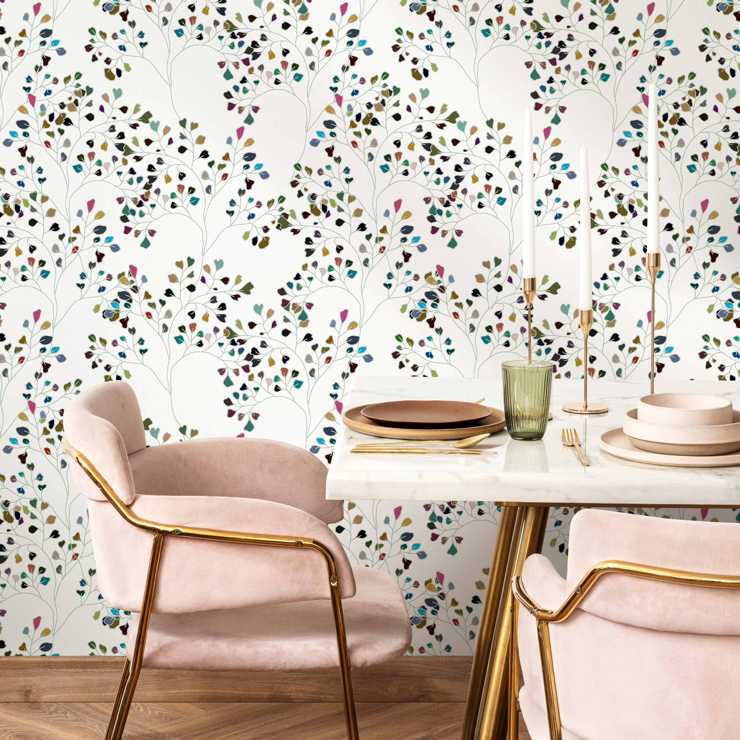 Scandinavian Wallpaper With Colorful Heart Leaves In Green, Blue, And Pink - B276