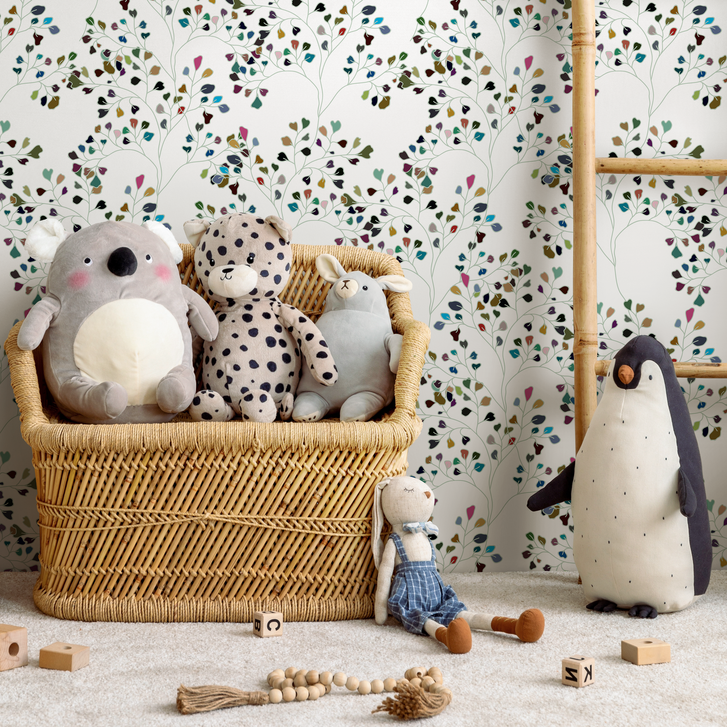 Scandinavian Wallpaper With Colorful Heart Leaves In Green, Blue, And Pink - B276