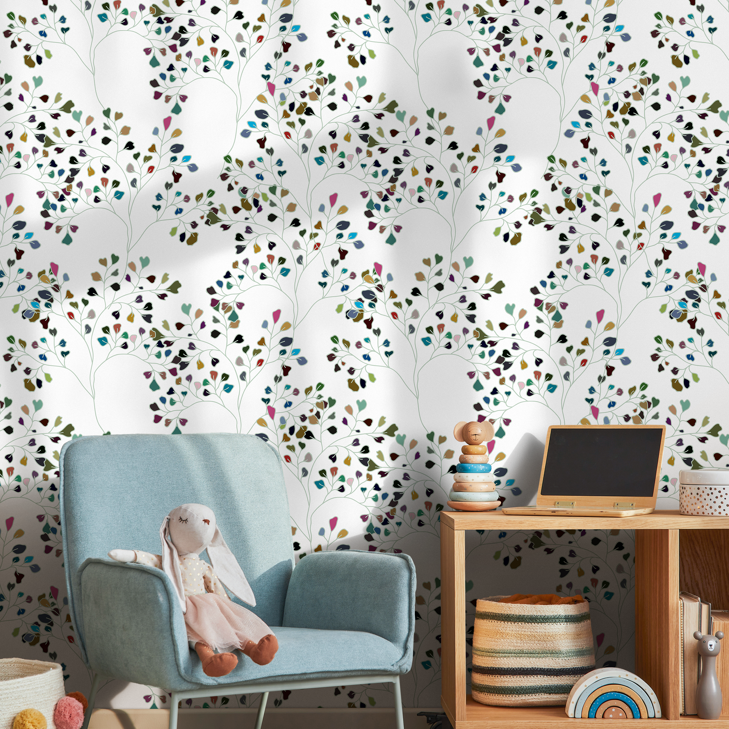 Scandinavian Wallpaper With Colorful Heart Leaves In Green, Blue, And Pink - B276