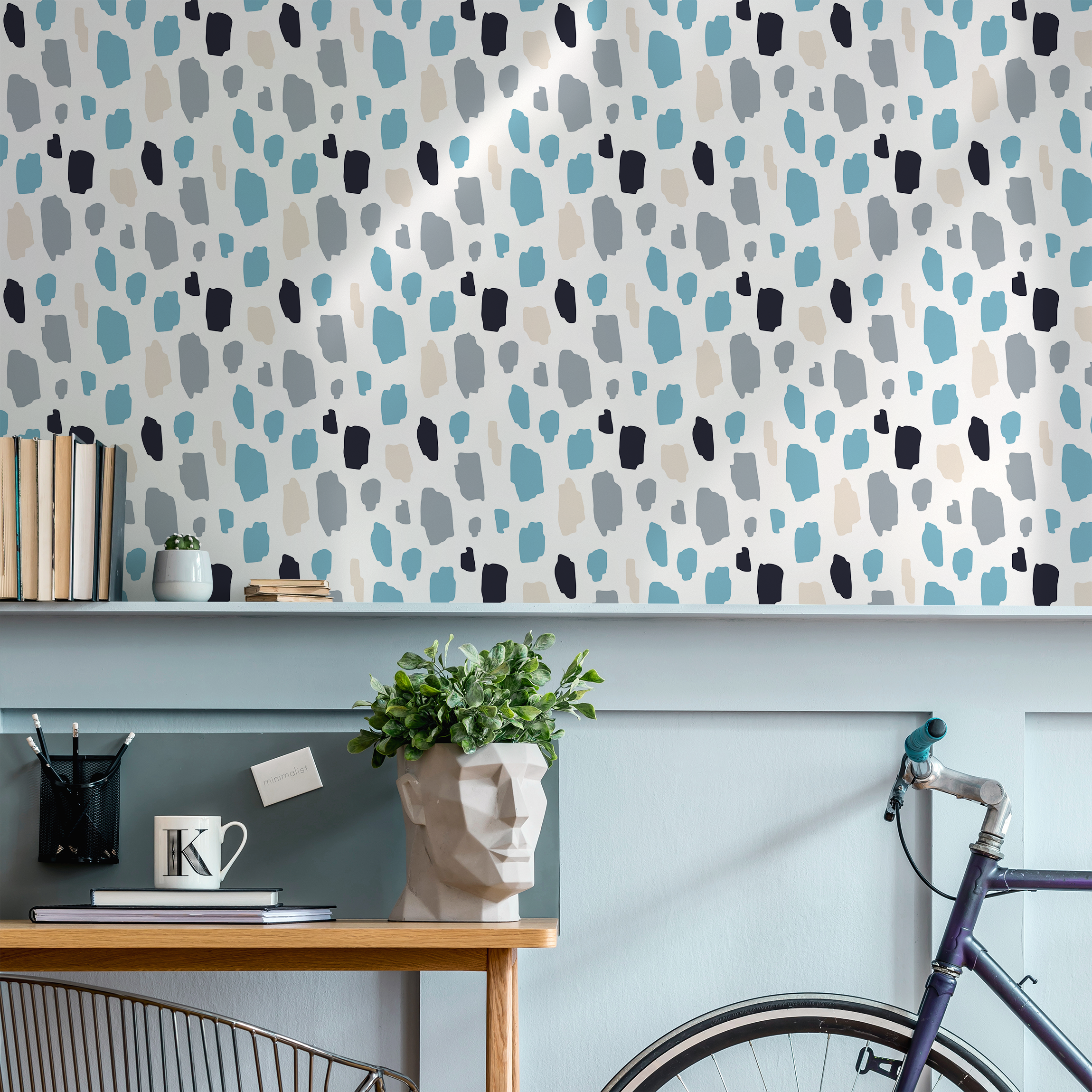 Scandinavian Wallpaper With Painterly Spots In Blue, Gray, And Black - B282