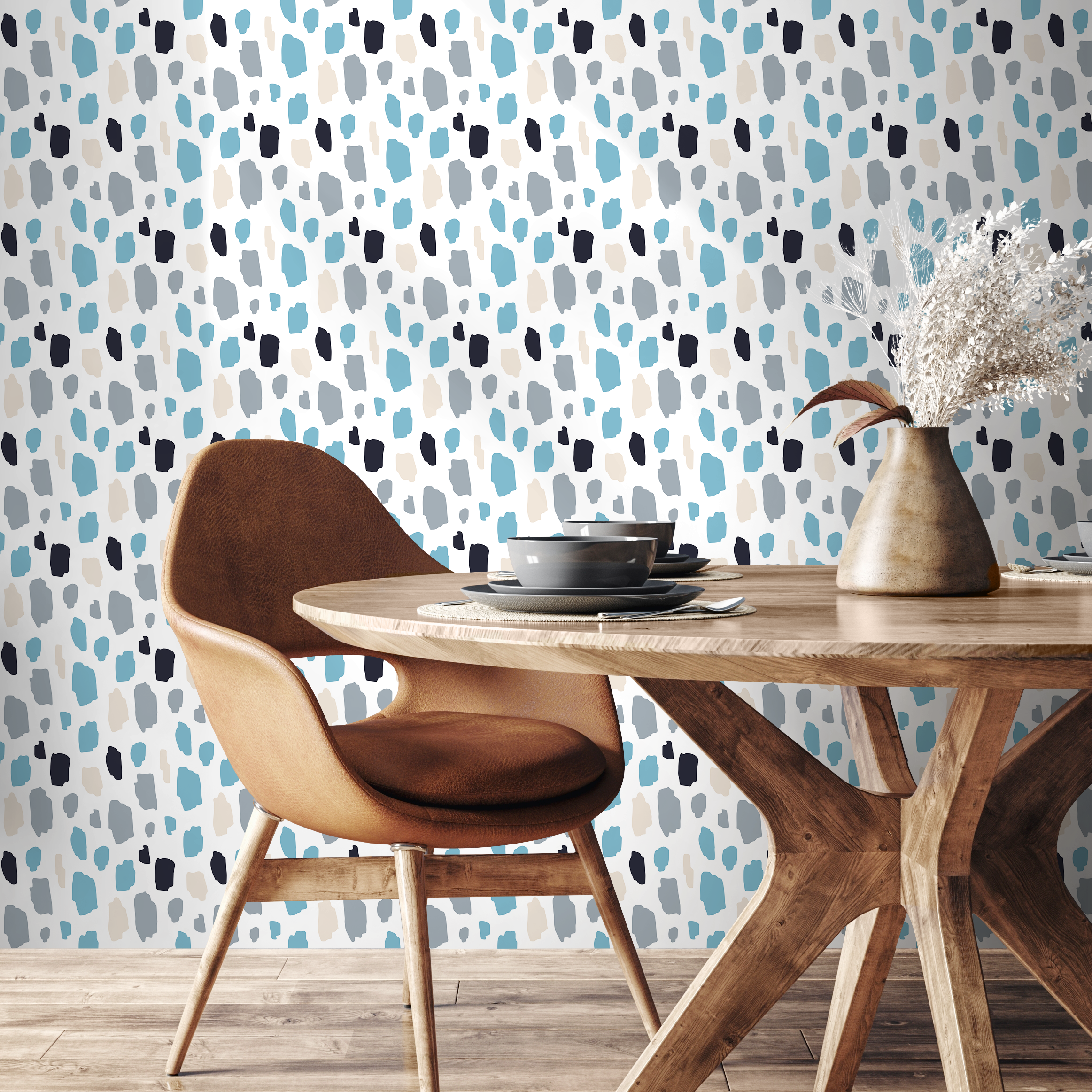 Scandinavian Wallpaper With Painterly Spots In Blue, Gray, And Black - B282