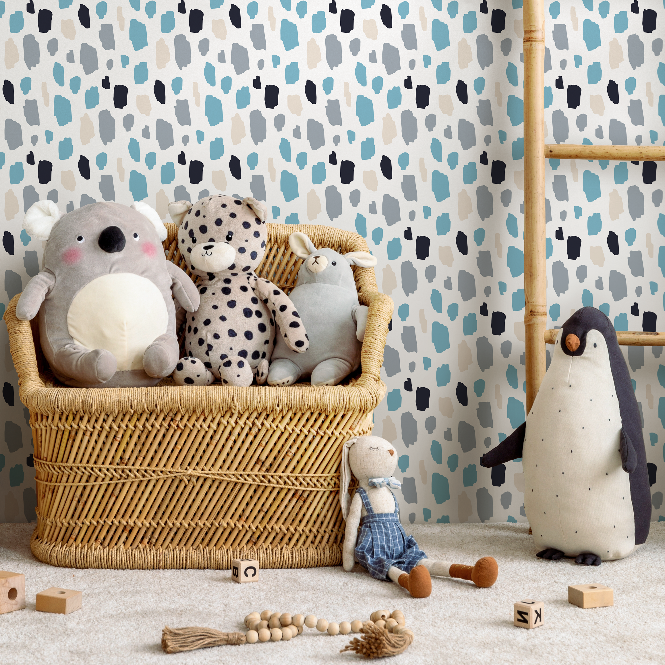 Scandinavian Wallpaper With Painterly Spots In Blue, Gray, And Black - B282