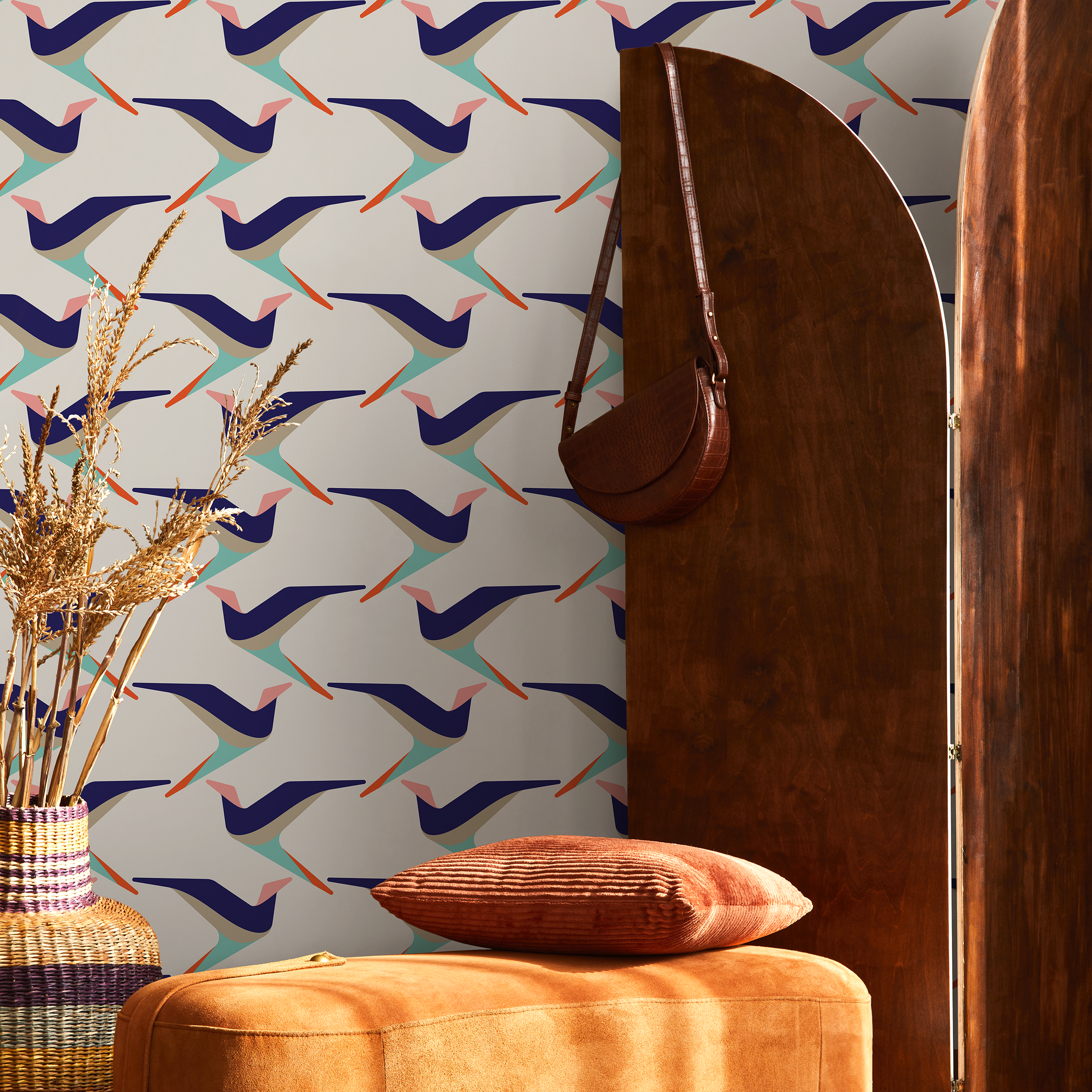 Scandinavian Wallpaper With A Stylized Bird Motif In Blue, Teal, And Orange - B283
