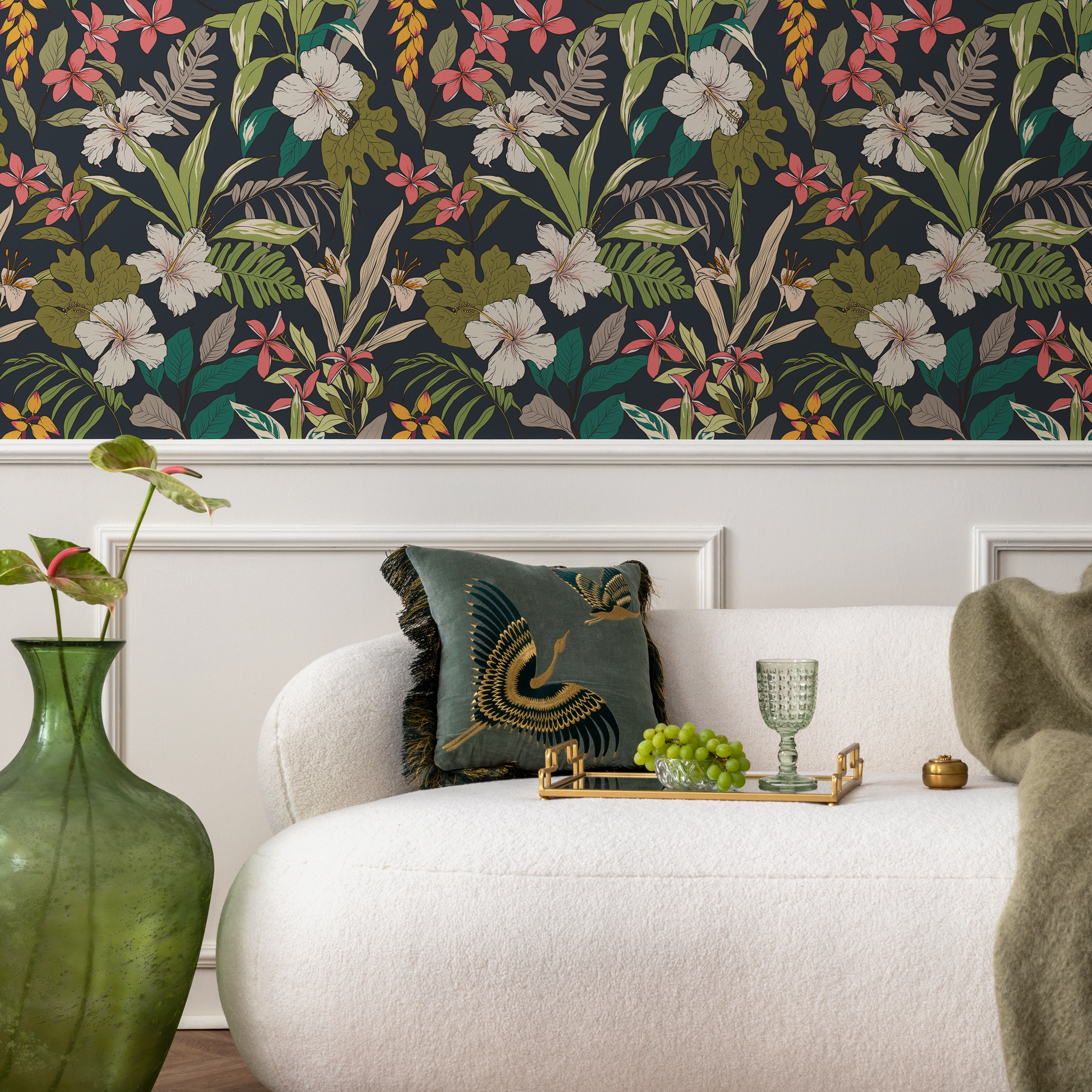 Tropical Wallpaper With Hibiscus Flowers In Dark Blue, Green, And Pink - B284